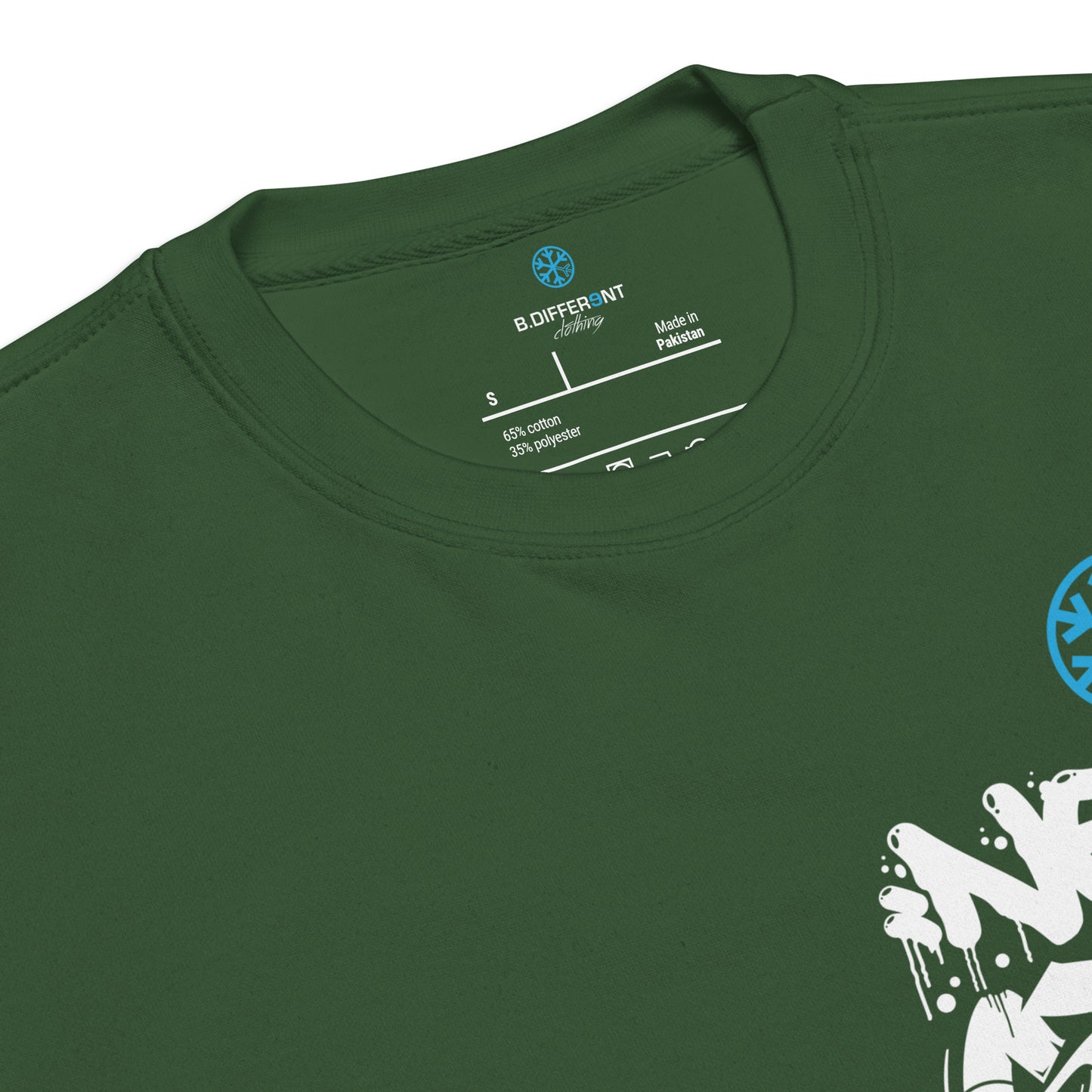 Green-Never Stop Graffiti Character Sweatshirt from B.Different Clothing, collar, graffiti-inspired streetwear