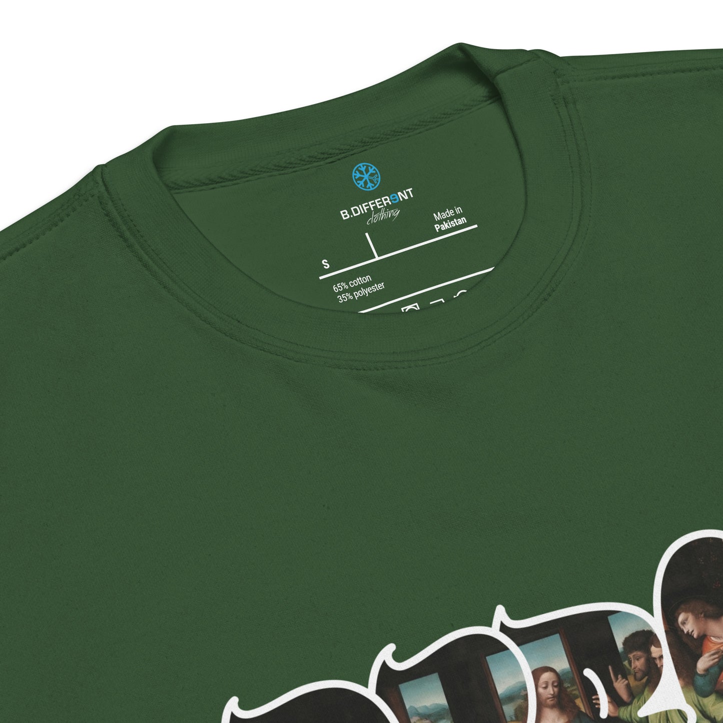 Green-BDFRNT Throwie x Last Supper Graffiti Sweatshirt from B.Different Clothing, collar, graffiti-inspired streetwear