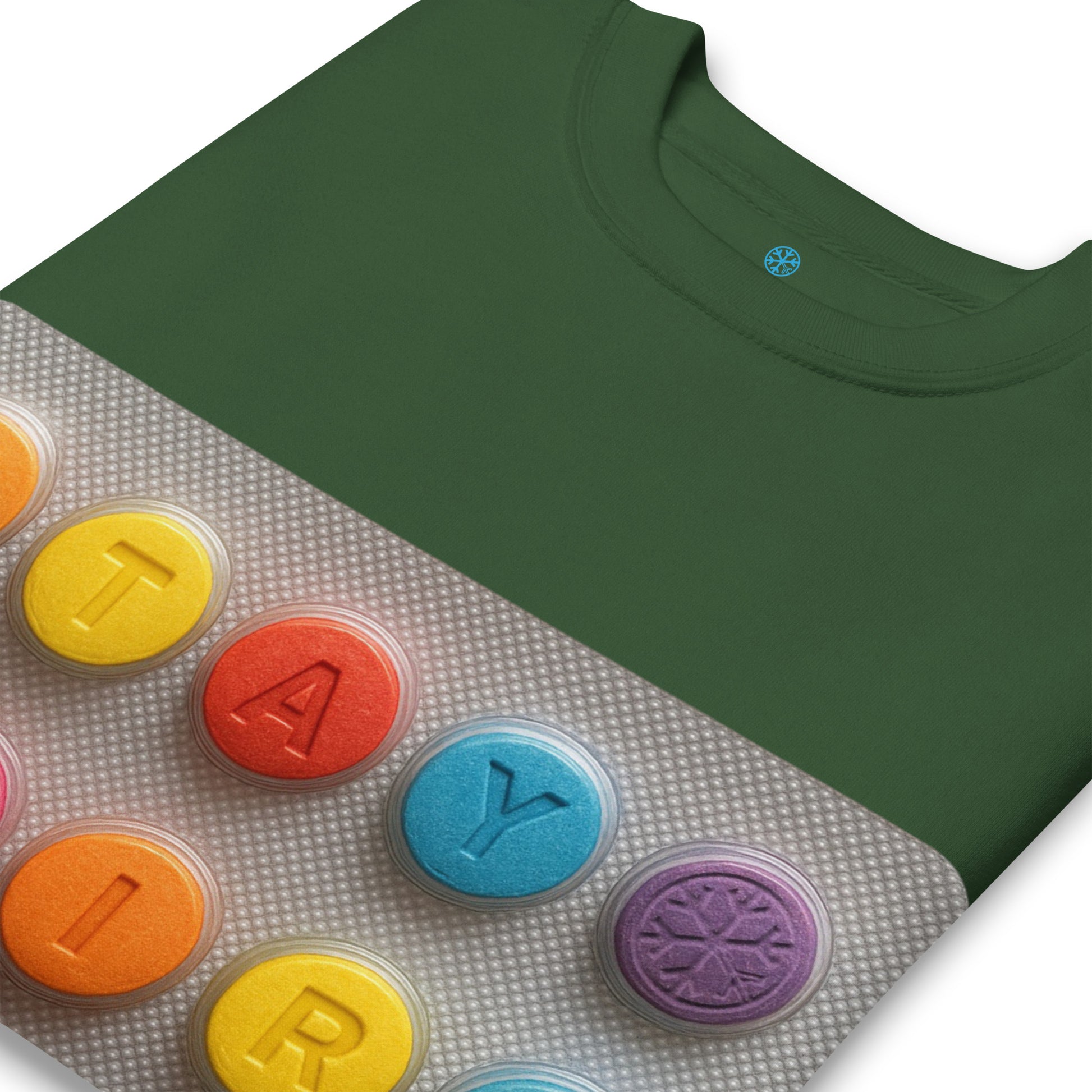 Green-Stay Weird Pills Sweatshirt from B.Different Clothing, detail, graffiti-inspired streetwear