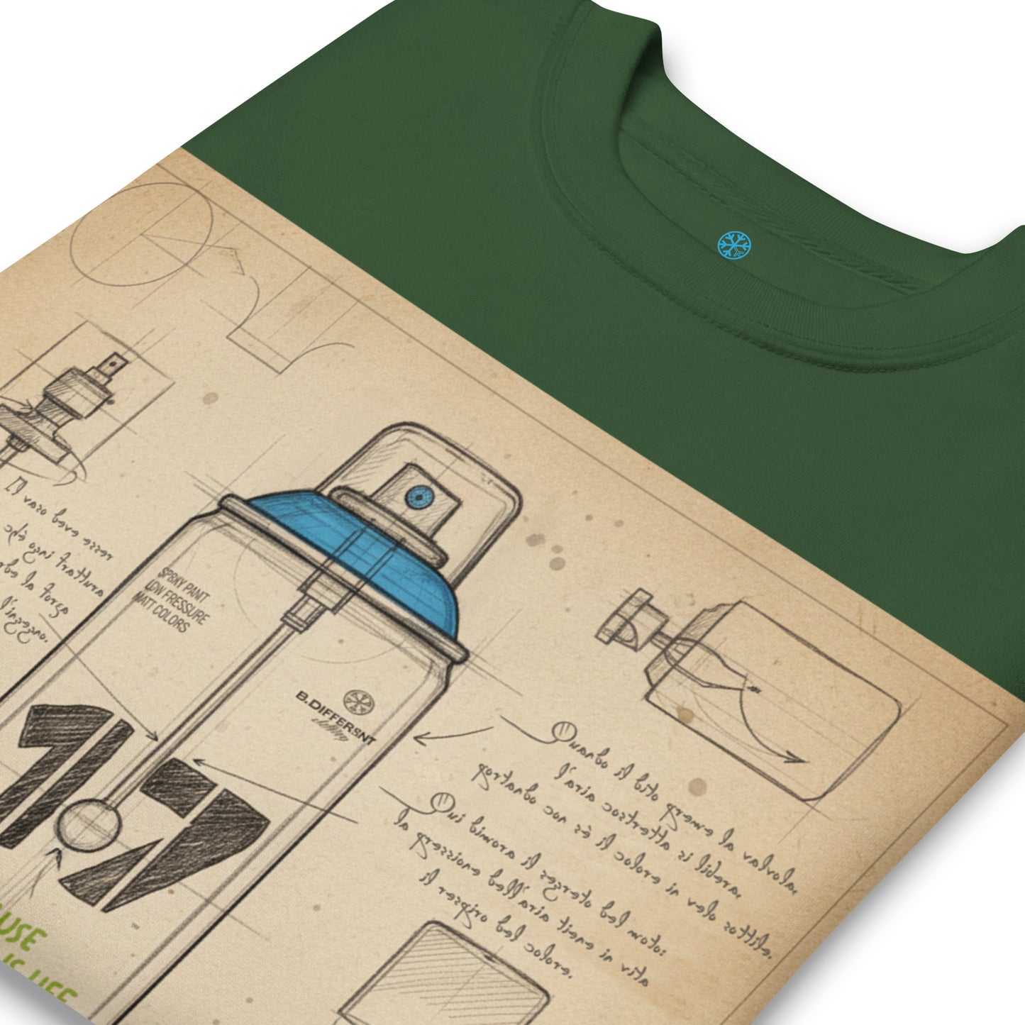 Green-Spray Can Sketch Graffiti Sweatshirt from B.Different Clothing, detail, graffiti-inspired streetwear