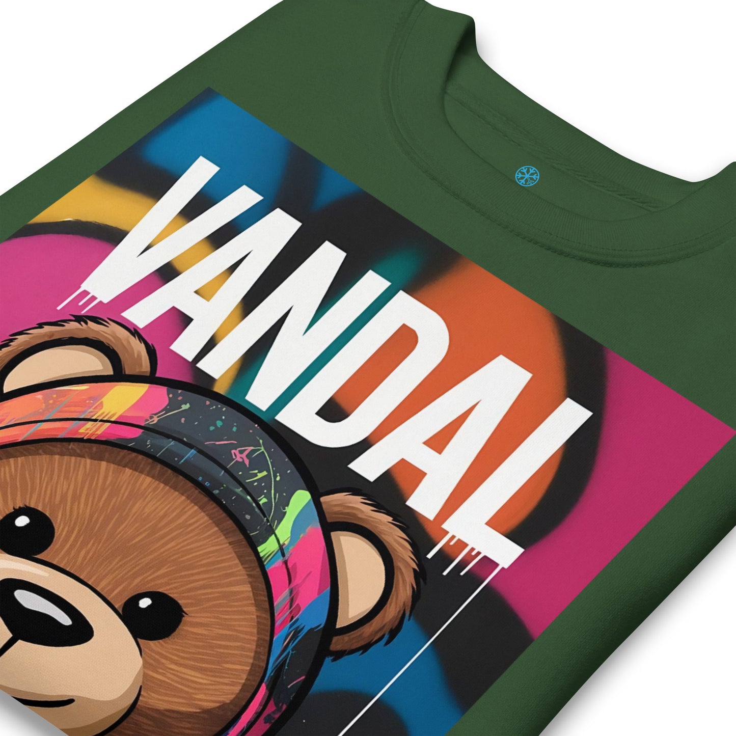 Green-Vandal Teddy Bear Graffiti Sweatshirt from B.Different Clothing, detail, graffiti-inspired streetwear