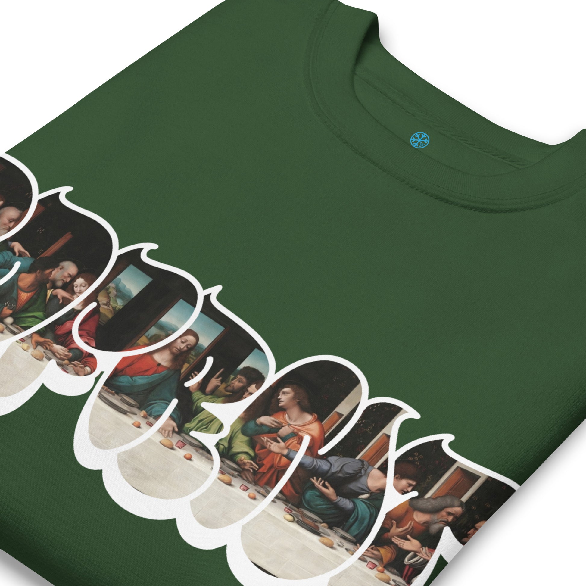 Green-BDFRNT Throwie x Last Supper Graffiti Sweatshirt from B.Different Clothing, detail, graffiti-inspired streetwear