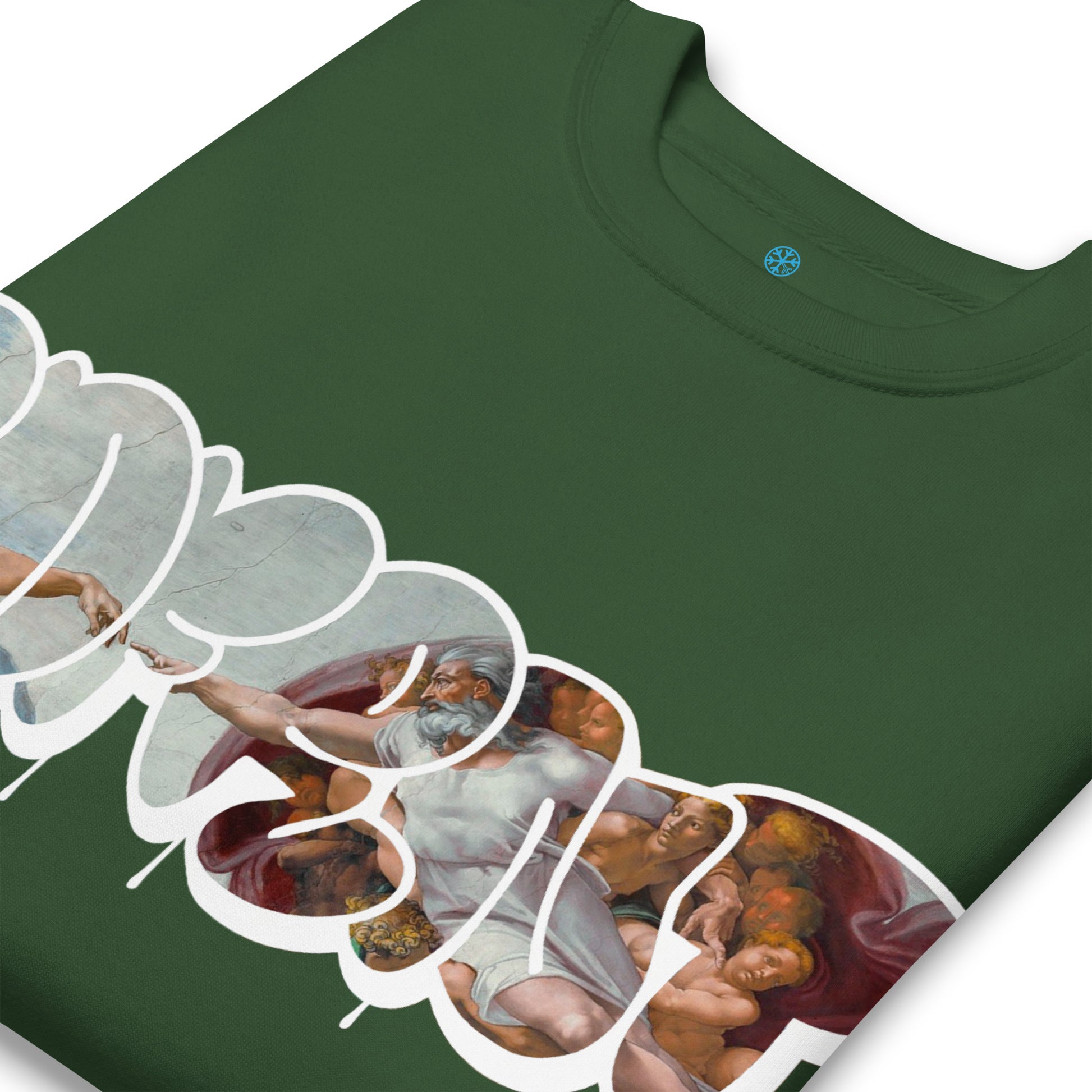 Green-BDFRNT Throwie x Creation of Adam Graffiti Sweatshirt from B.Different Clothing, detail, graffiti-inspired streetwear