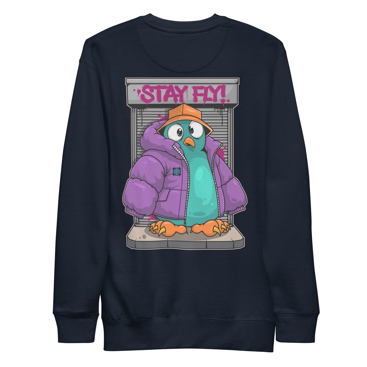 Navy-Stay Fly Graffiti Character Sweatshirt from B.Different Clothing, back view, graffiti-inspired streetwear