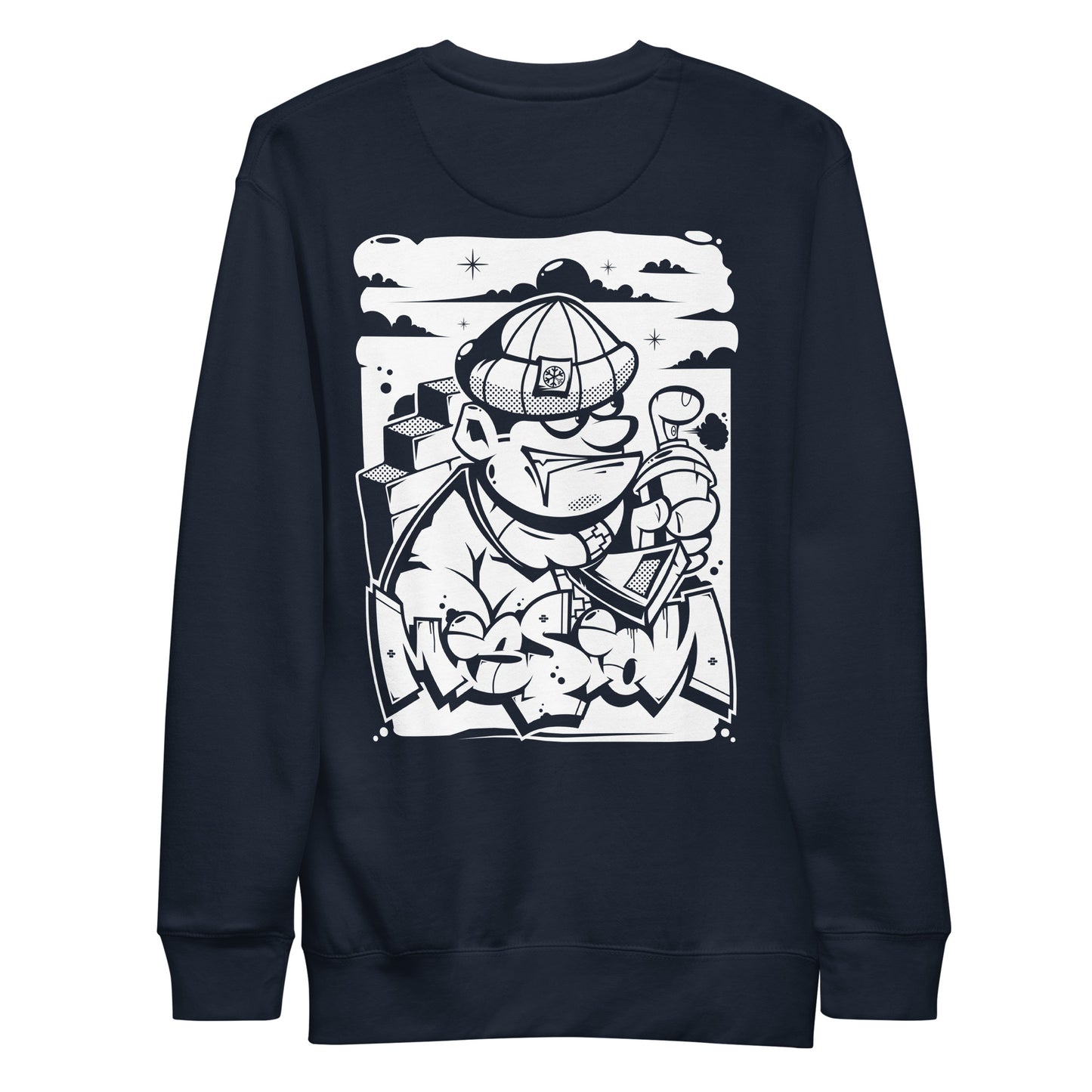 Navy-Mission Graffiti Character Sweatshirt from B.Different Clothing, back view, graffiti-inspired streetwear