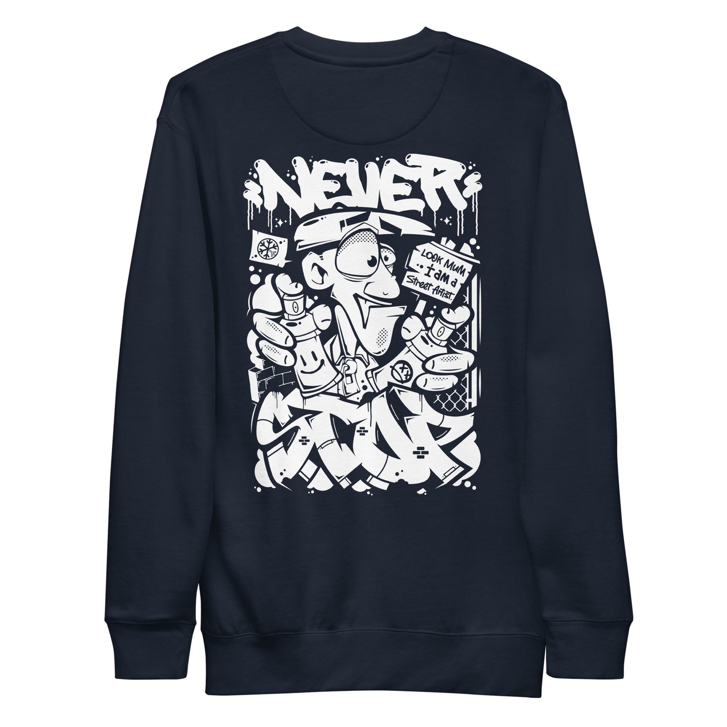 Navy-Never Stop Graffiti Character Sweatshirt from B.Different Clothing, back view, graffiti-inspired streetwear