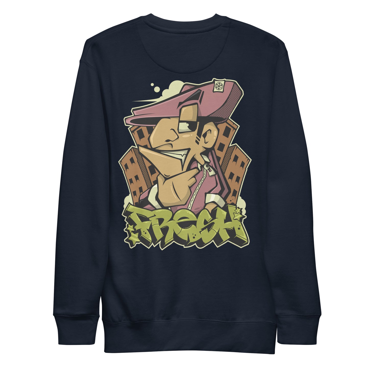 Navy-Fresh Graffiti Character Sweatshirt from B.Different Clothing, back view, graffiti-inspired streetwear