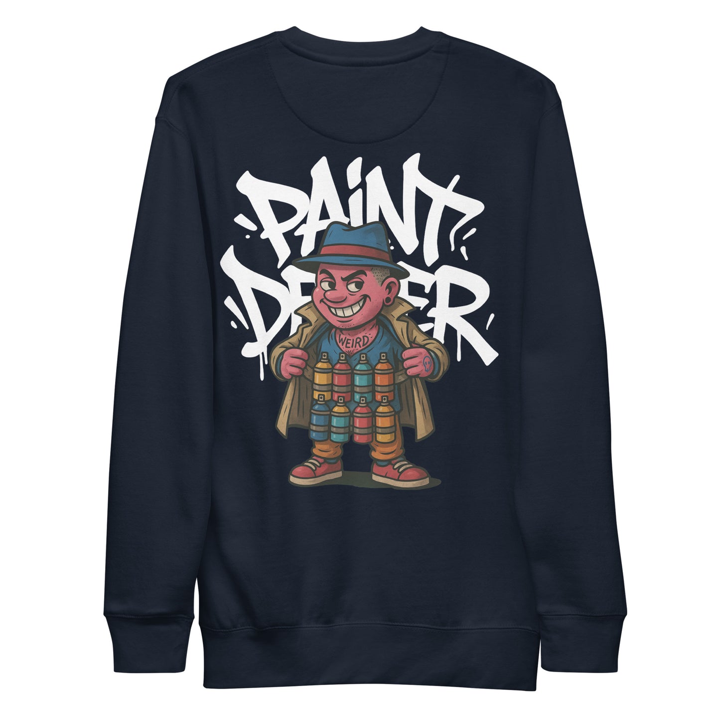 Navy-Paint Dealer Graffiti Character Sweatshirt from B.Different Clothing, back view, graffiti-inspired streetwear