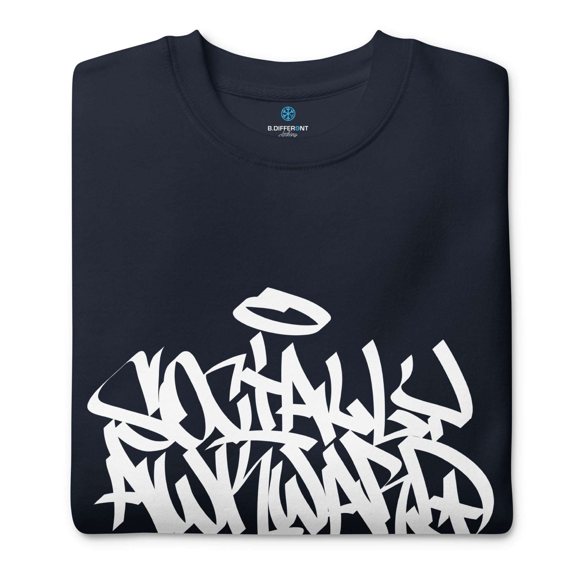 folded sweatshirt Socially Awkward navy by B.Different Clothing independent streetwear brand inspired by street art graffiti