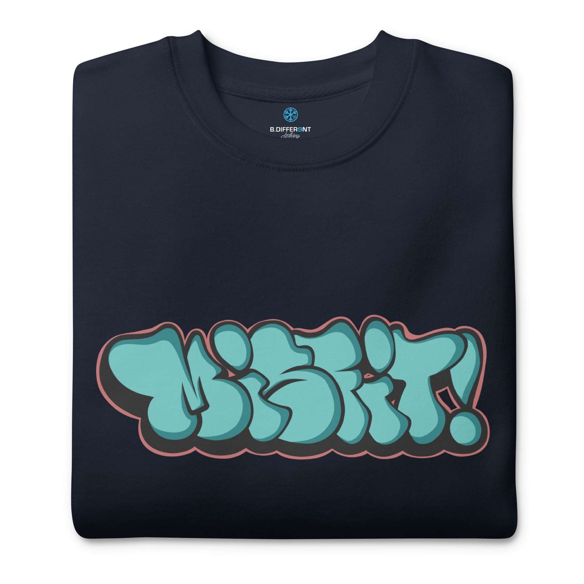 folded Misfit throwie sweatshirt navy by B.Different Clothing street art graffiti inspired streetwear brand 