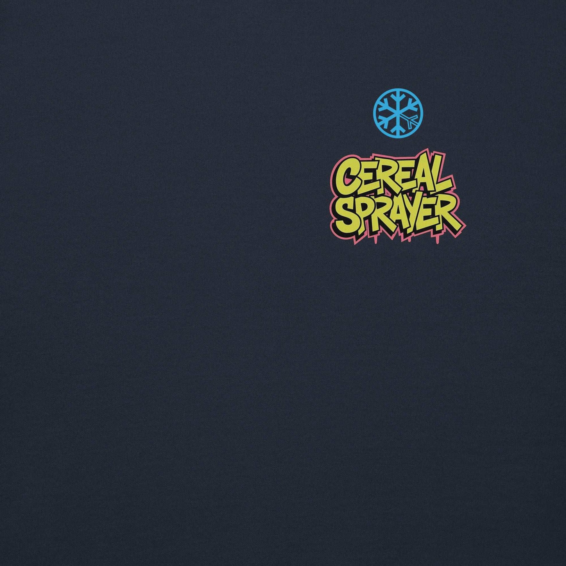 front graphic of Cereal Sprayer Graffiti sweatshirt navy B.Different Clothing graffiti street art inspired streetwear brand