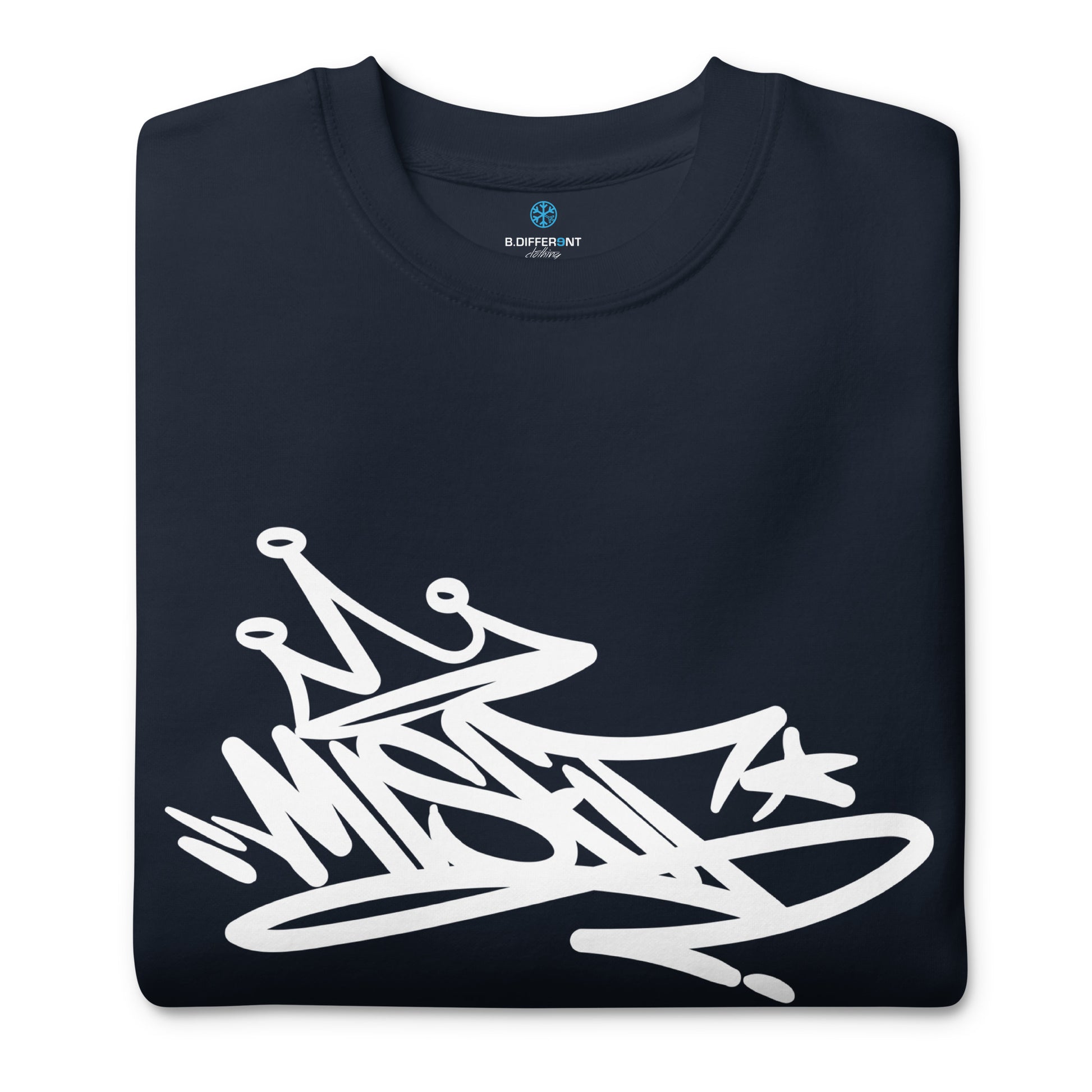 folded Misfit Graffiti Tag Sweatshirt navy B.Different Clothing graffiti street art inspired streetwear brand