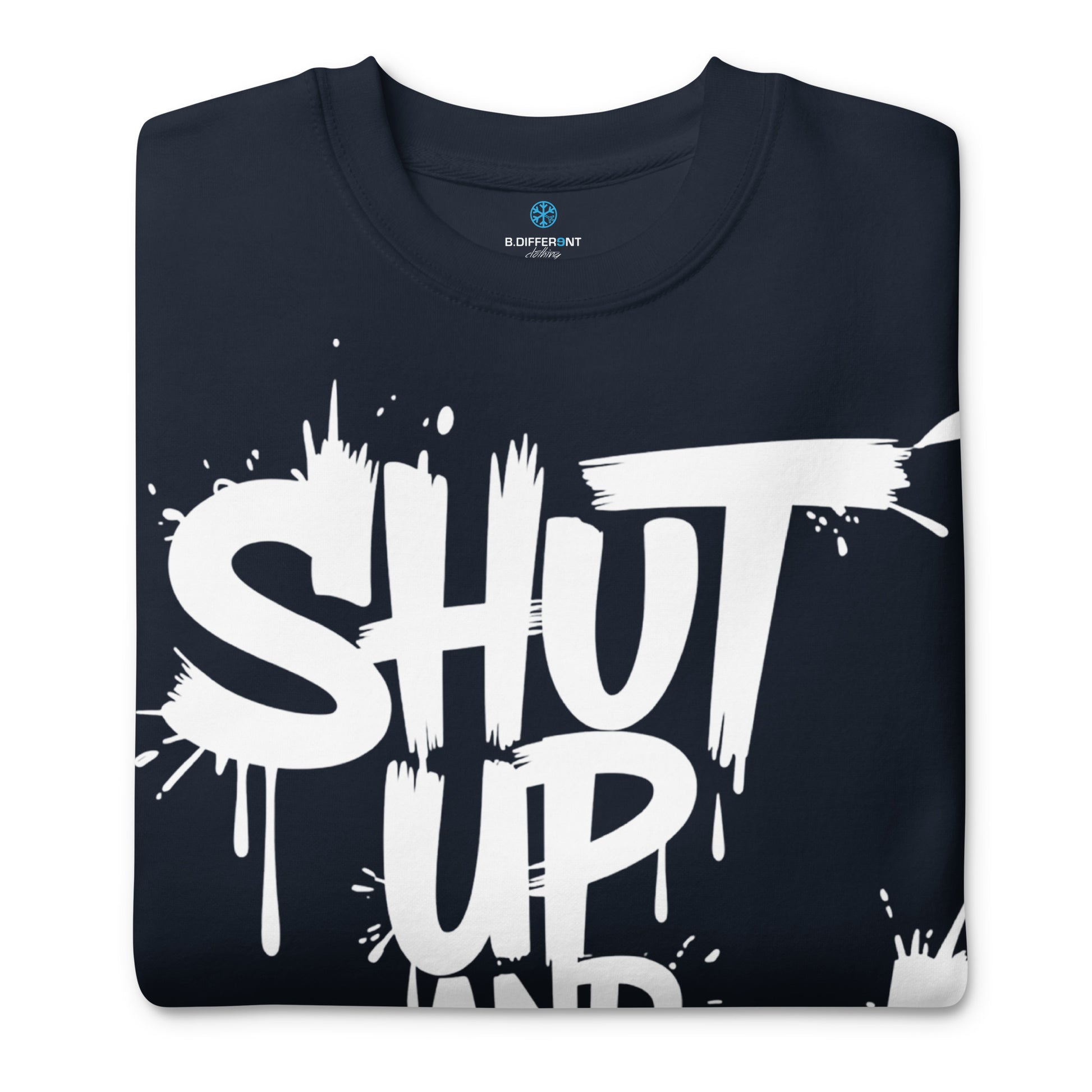 Navy-Shut Up and Paint Graffiti Sweatshirt from B.Different Clothing, folded, graffiti-inspired streetwear 