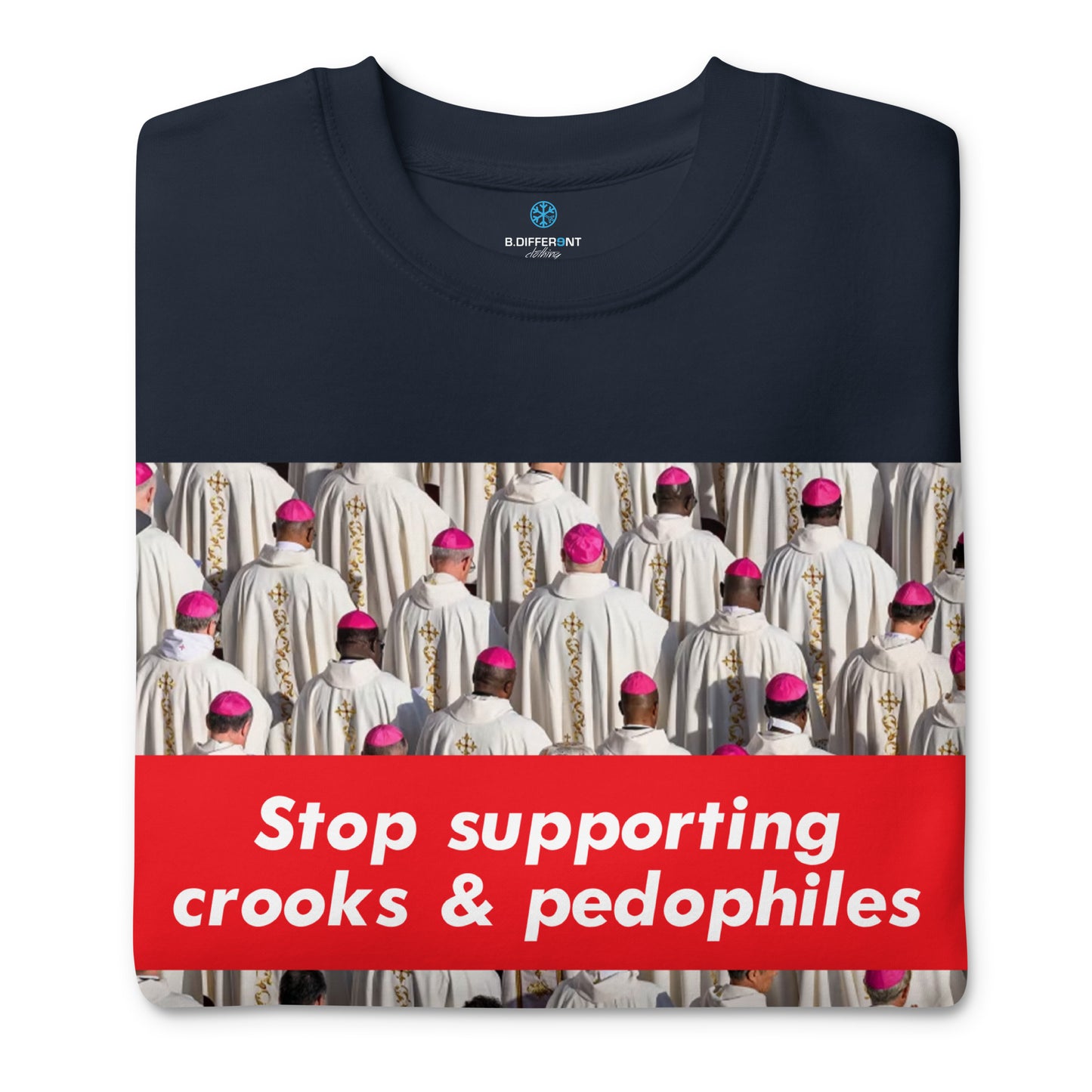 Navy-Vatican Crooks Sweatshirt from B.Different Clothing, folded, graffiti-inspired streetwear