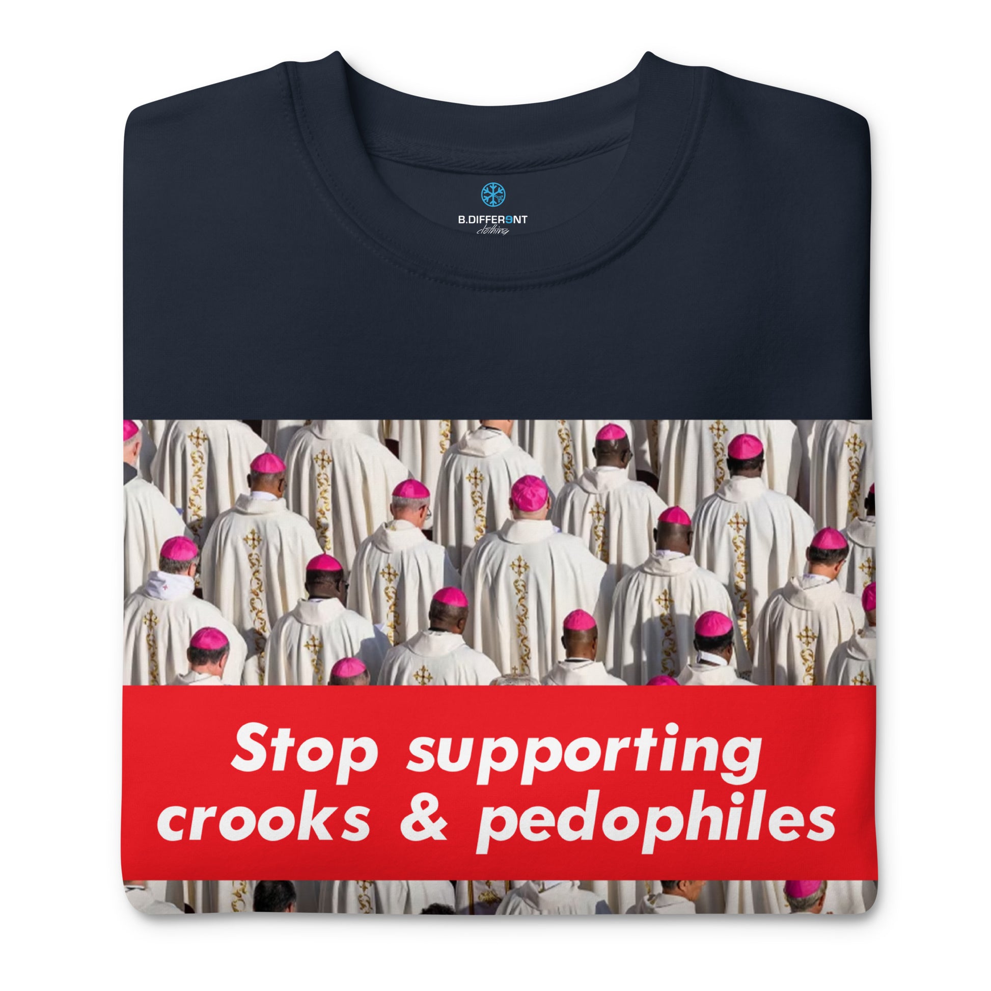 Navy-Vatican Crooks Sweatshirt from B.Different Clothing, folded, graffiti-inspired streetwear