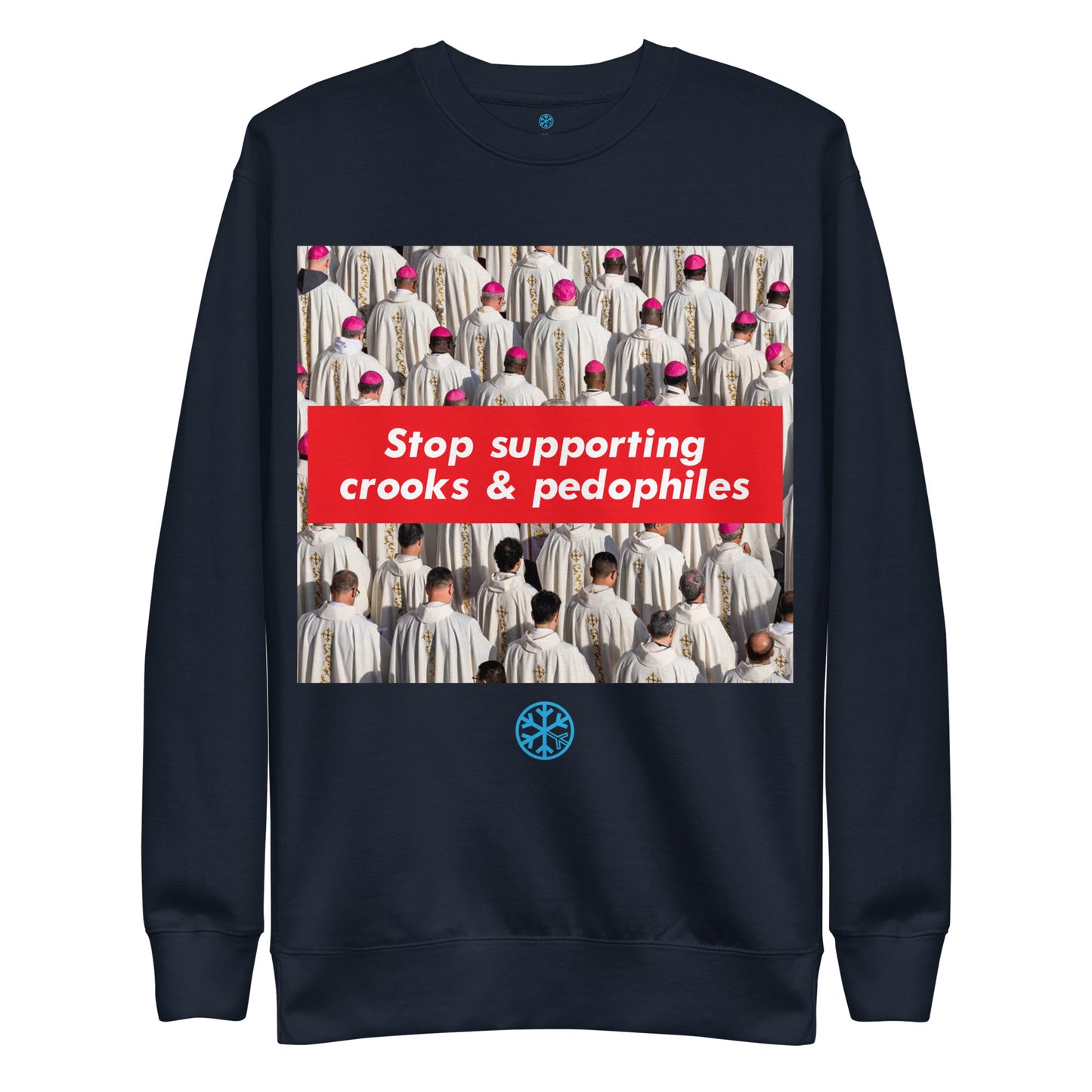 Navy-Vatican Crooks Sweatshirt from B.Different Clothing, front view, graffiti-inspired streetwear