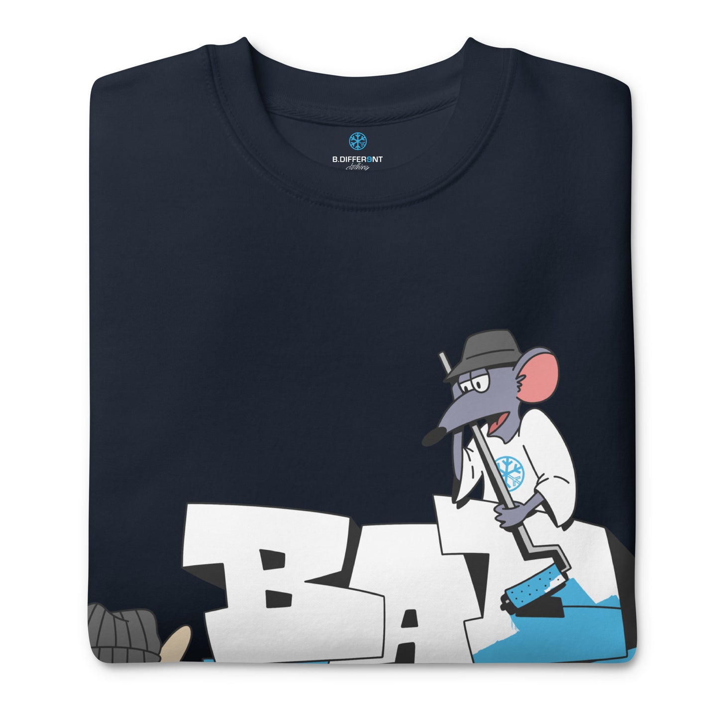 Navy-Bad Boy Graffiti Sweatshirt from B.Different Clothing, folded, graffiti-inspired streetwear