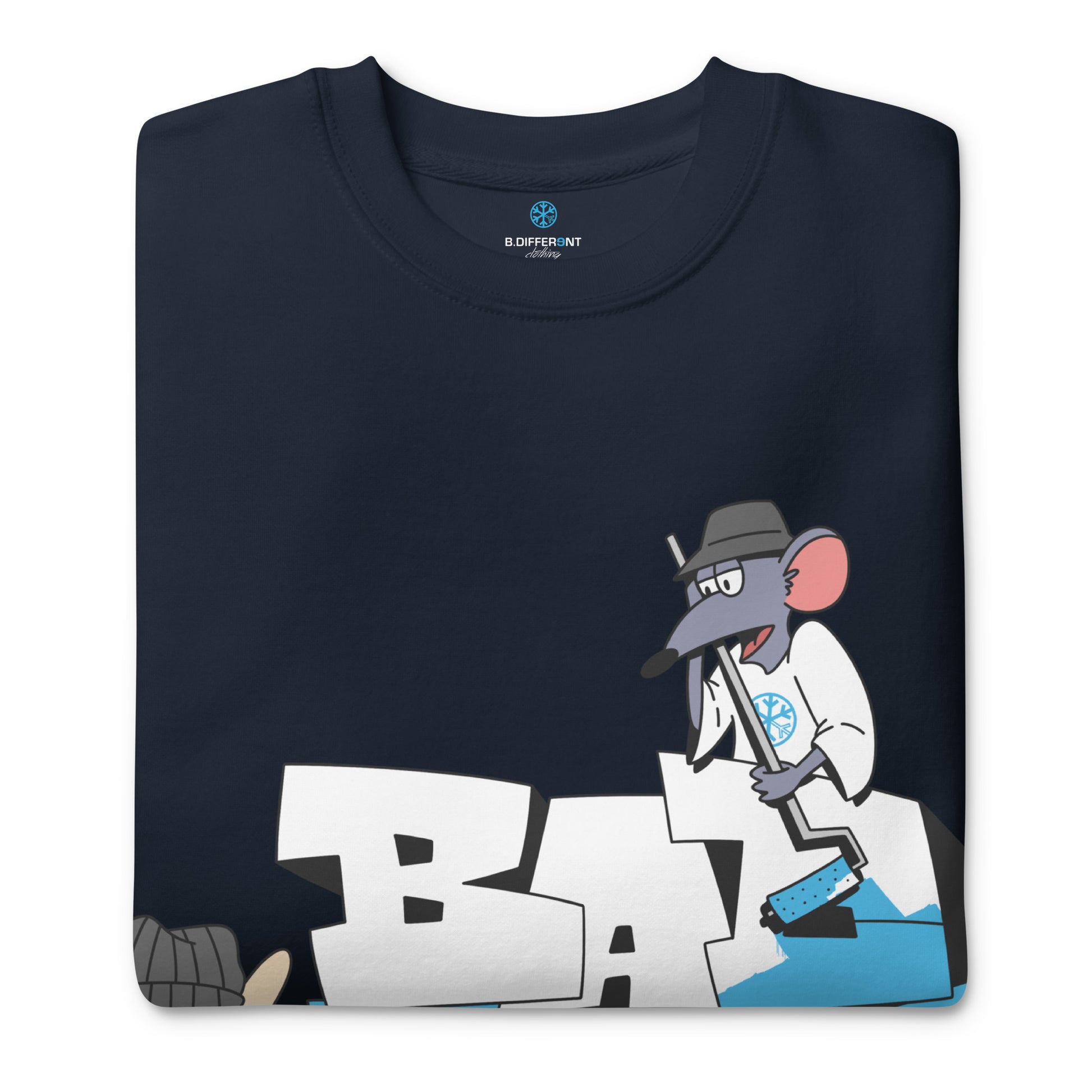 Navy-Bad Boy Graffiti Sweatshirt from B.Different Clothing, folded, graffiti-inspired streetwear