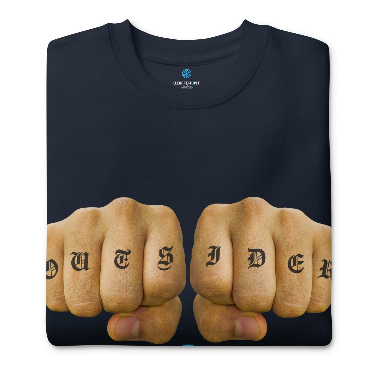 Navy-Outsider Tattoo Sweatshirt from B.Different Clothing, folded, graffiti-inspired streetwear