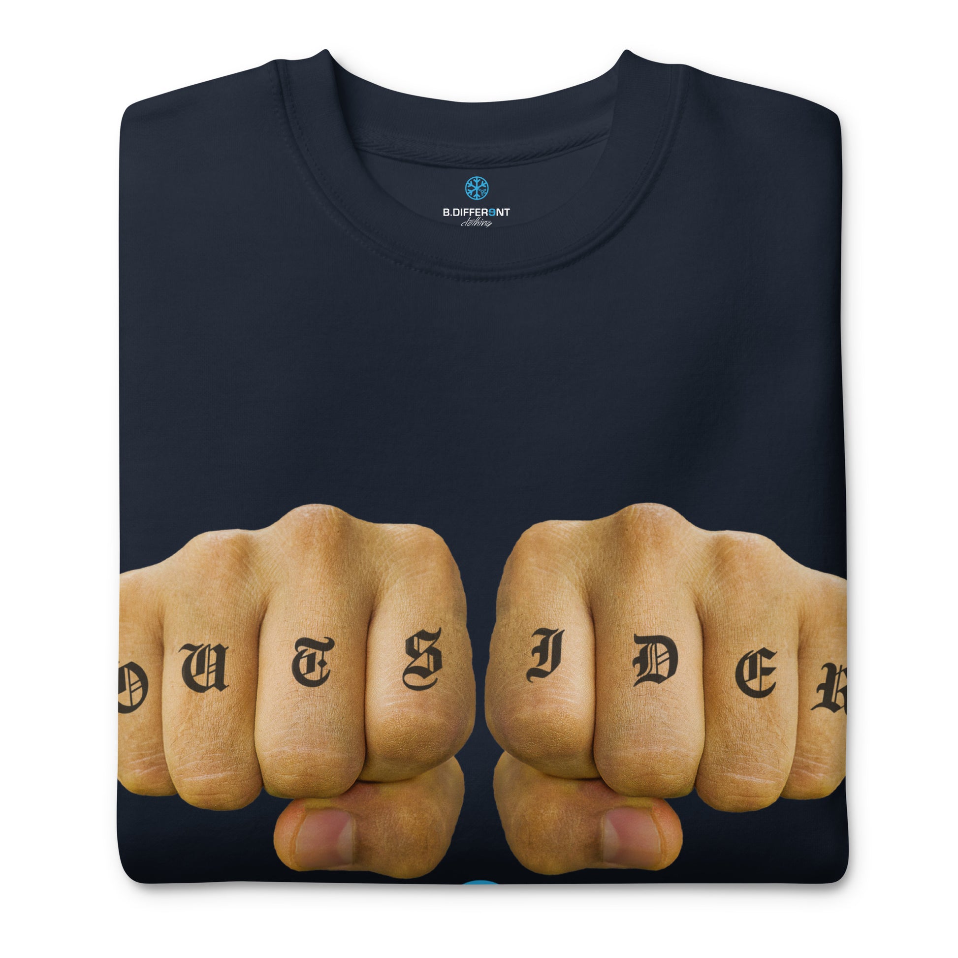 Navy-Outsider Tattoo Sweatshirt from B.Different Clothing, folded, graffiti-inspired streetwear