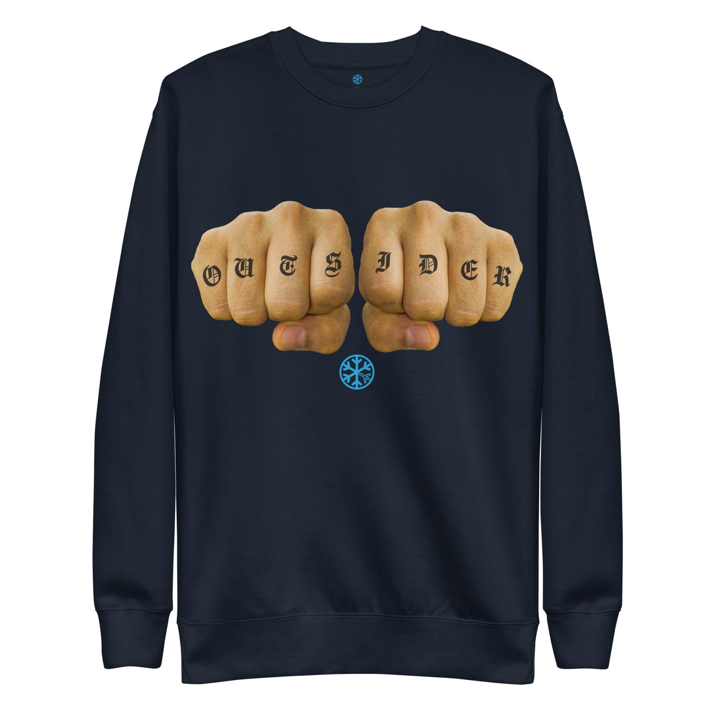 Navy-Outsider Tattoo Sweatshirt from B.Different Clothing, front view, graffiti-inspired streetwear
