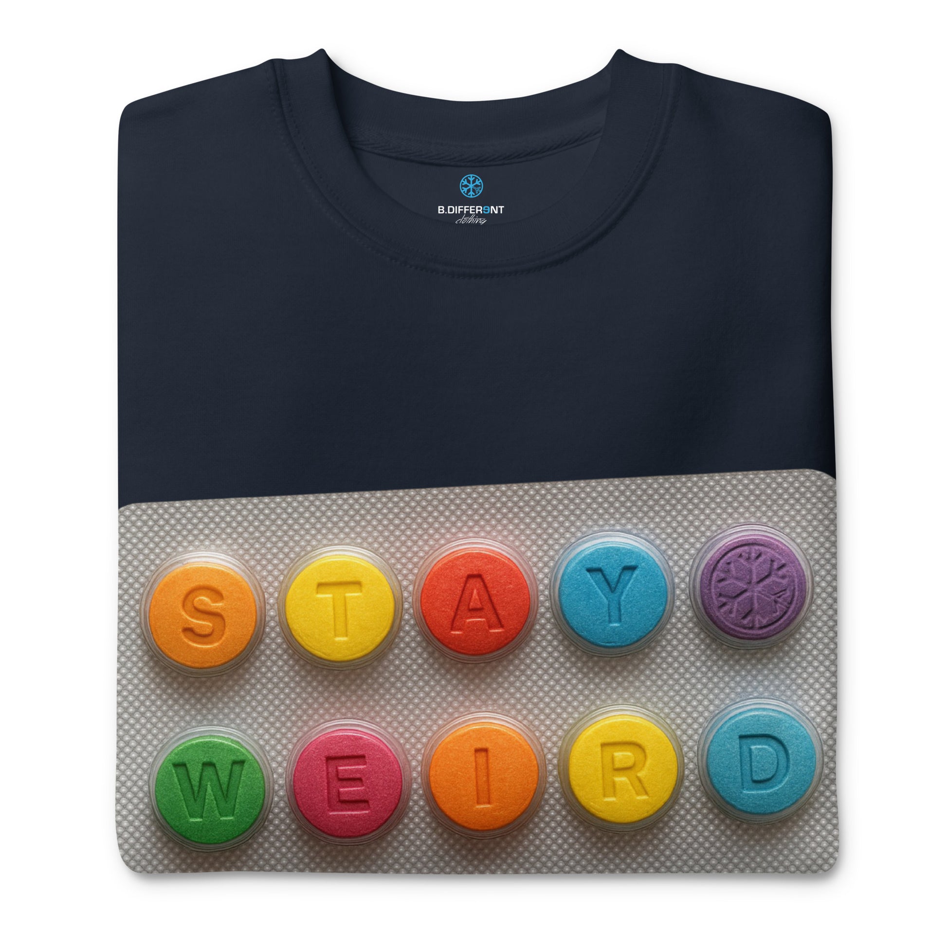 Navy-Stay Weird Pills Sweatshirt from B.Different Clothing, folded, graffiti-inspired streetwear