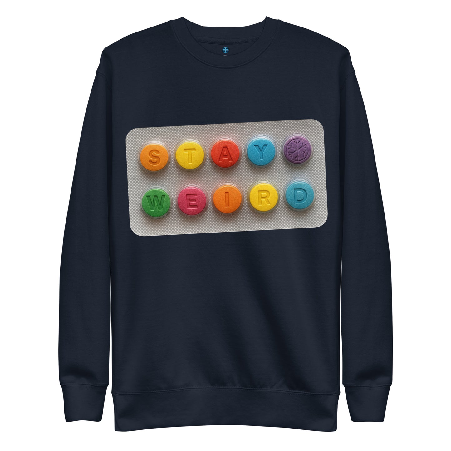 Navy-Stay Weird Pills Sweatshirt from B.Different Clothing, front view, graffiti-inspired streetwear