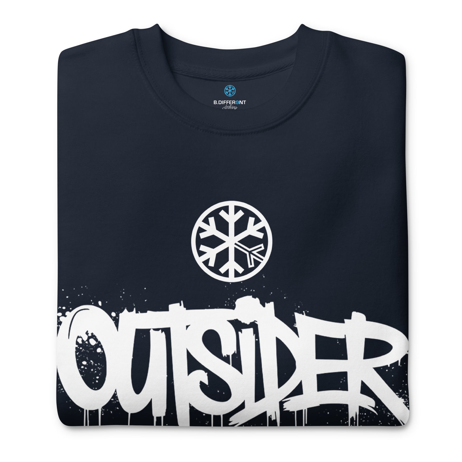 Navy-Outsider Graffiti Tag Sweatshirt from B.Different Clothing, folded, graffiti-inspired streetwear