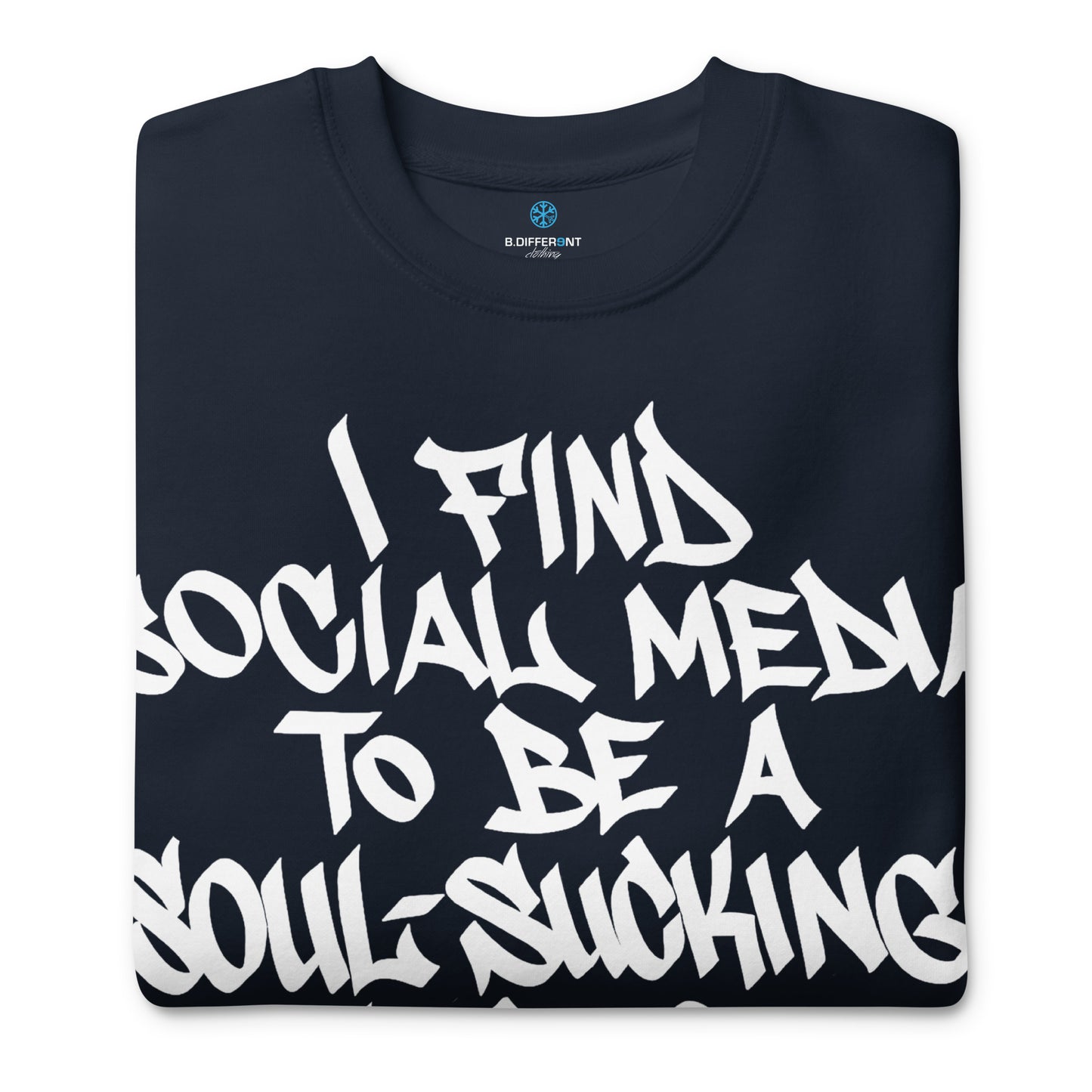Navy-Social Media Graffiti Tag Sweatshirt from B.Different Clothing, folded, graffiti-inspired streetwear