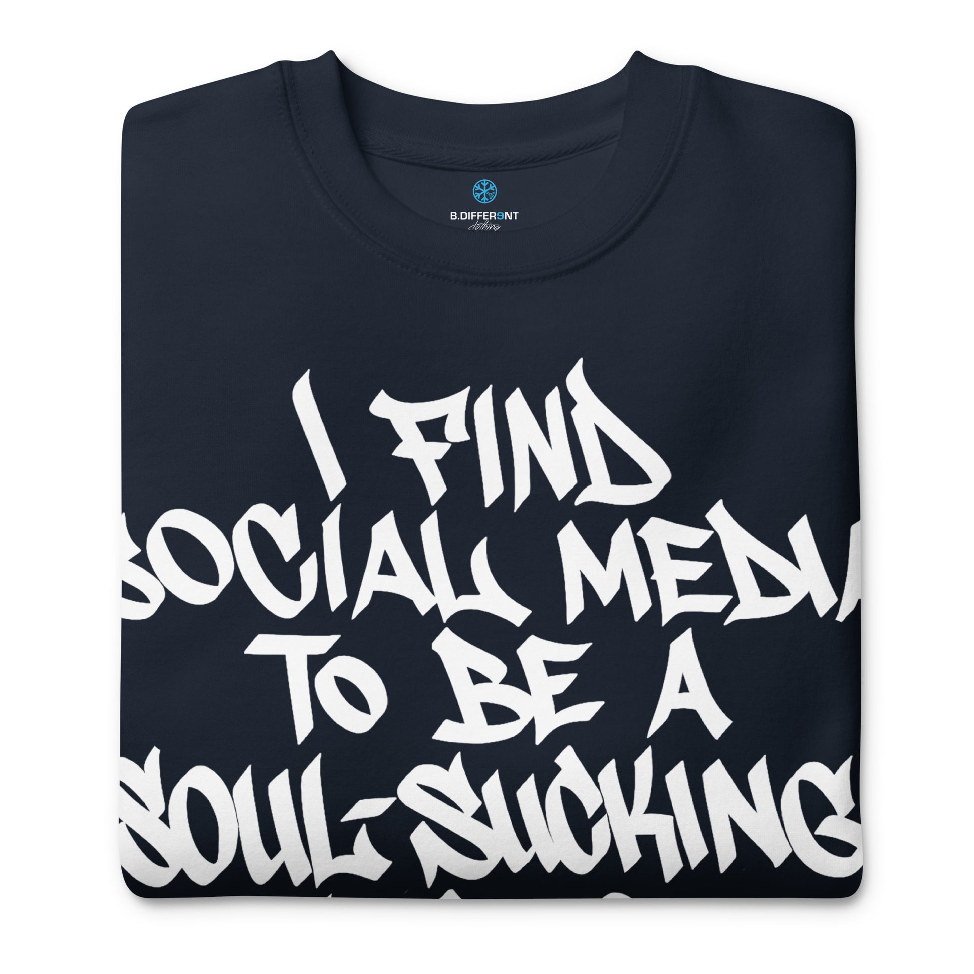 Navy-Social Media Graffiti Tag Sweatshirt from B.Different Clothing, folded, graffiti-inspired streetwear