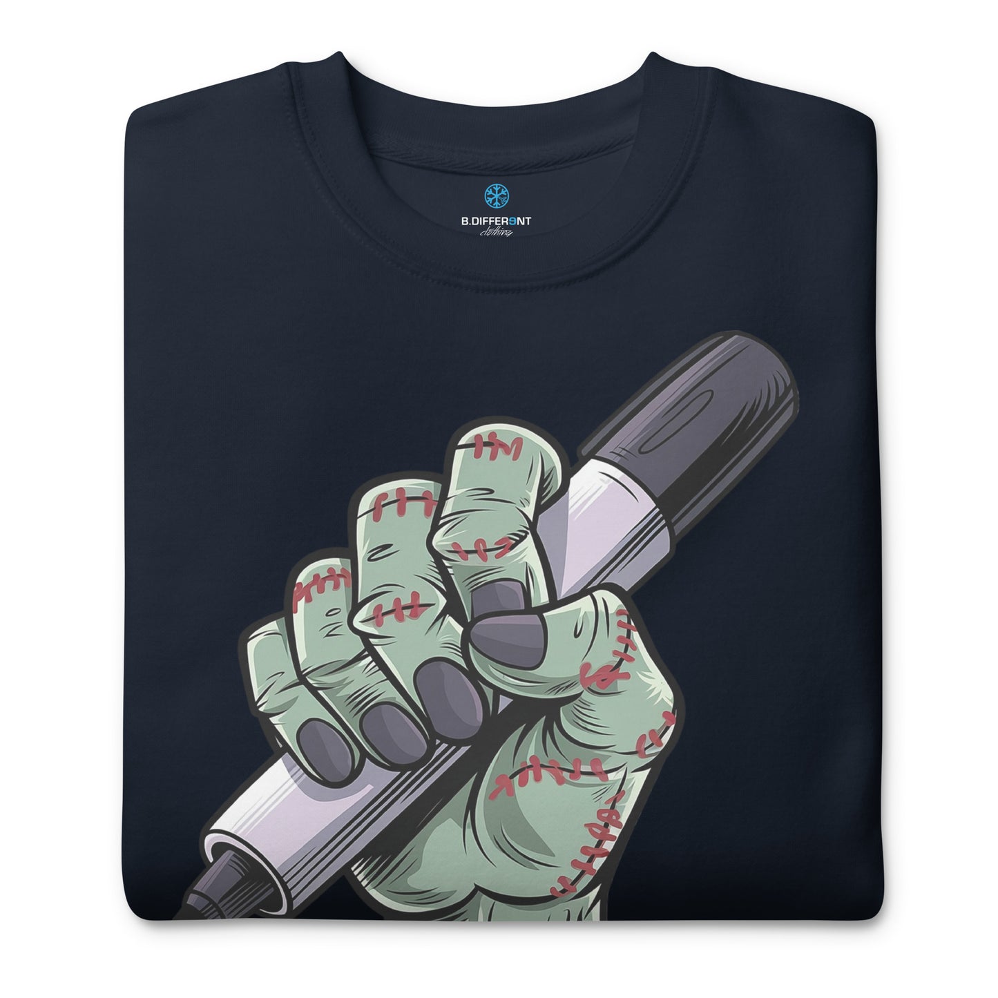 Navy-Thing Graffiti Sweatshirt from B.Different Clothing, folded, graffiti-inspired streetwear