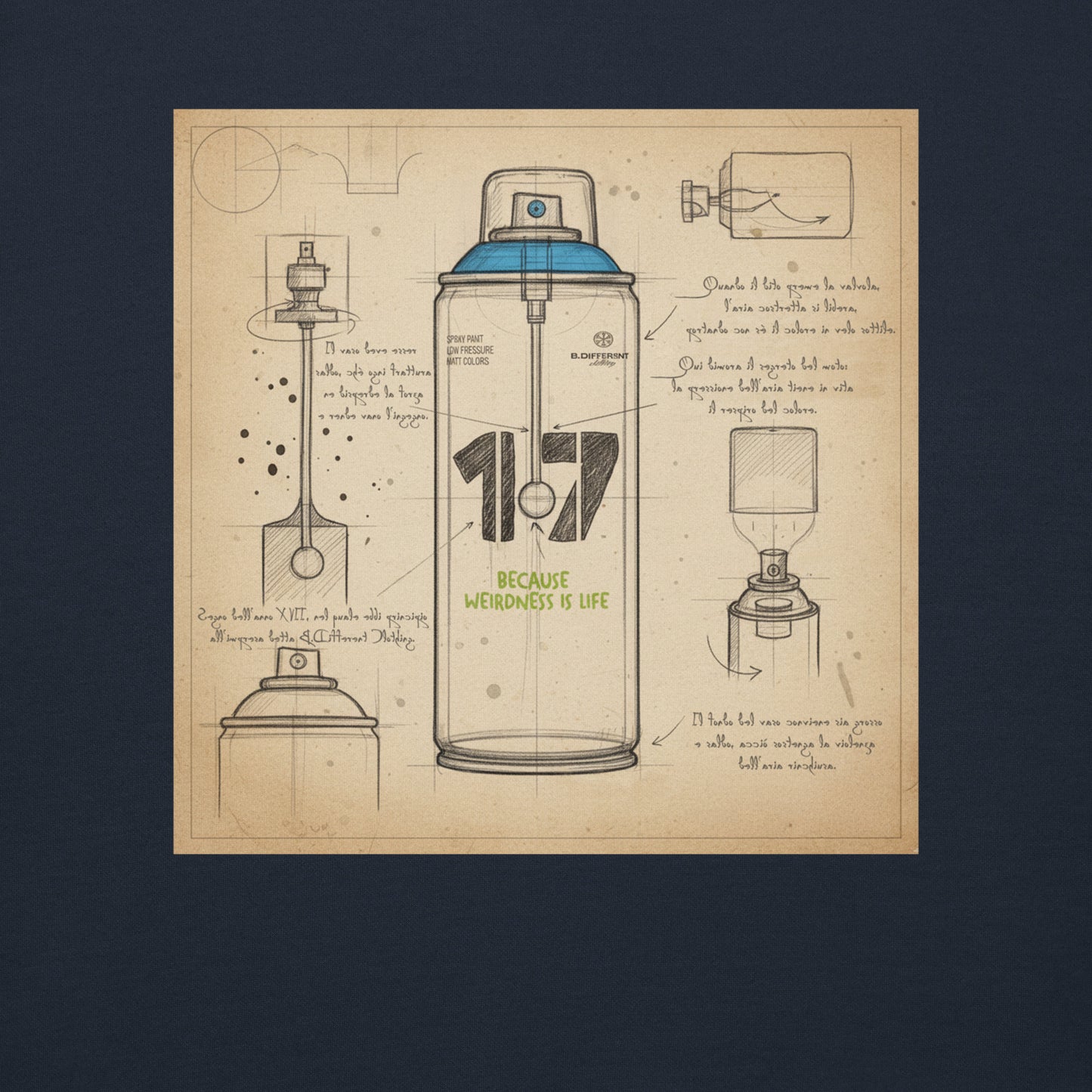 Navy-Spray Can Sketch Graffiti Sweatshirt from B.Different Clothing, graphic, graffiti-inspired streetwear