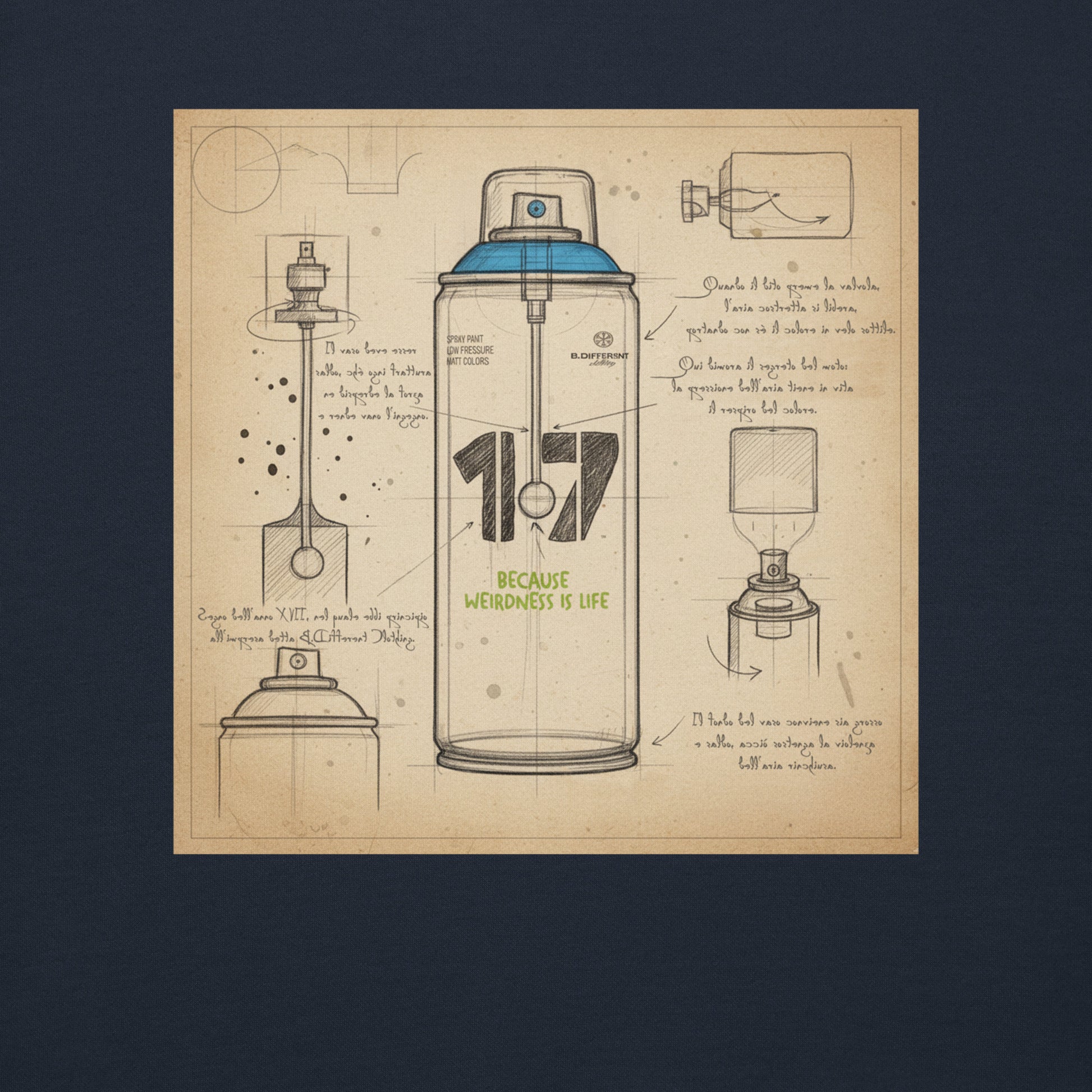 Navy-Spray Can Sketch Graffiti Sweatshirt from B.Different Clothing, graphic, graffiti-inspired streetwear