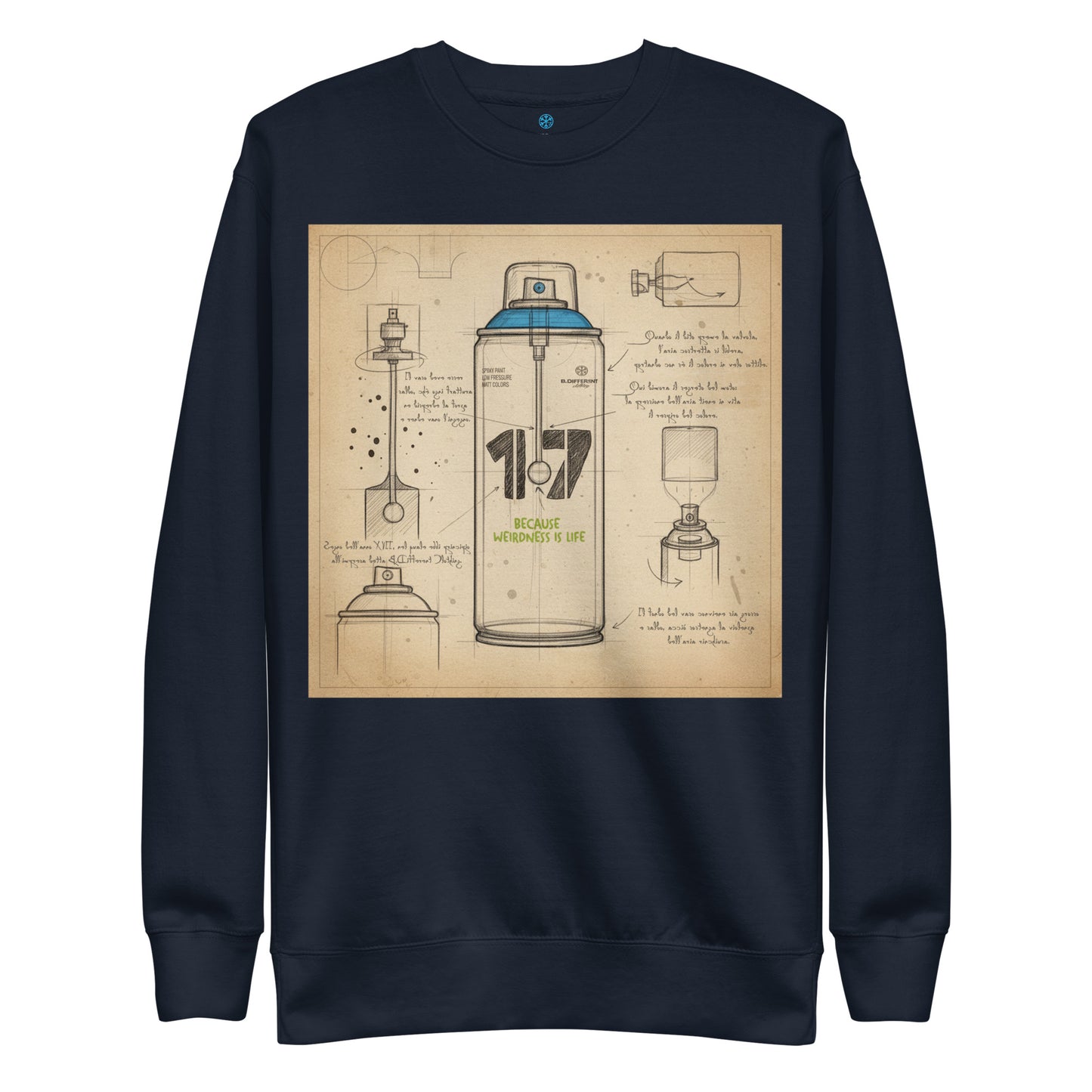 Navy-Spray Can Sketch Graffiti Sweatshirt from B.Different Clothing, front view, graffiti-inspired streetwear