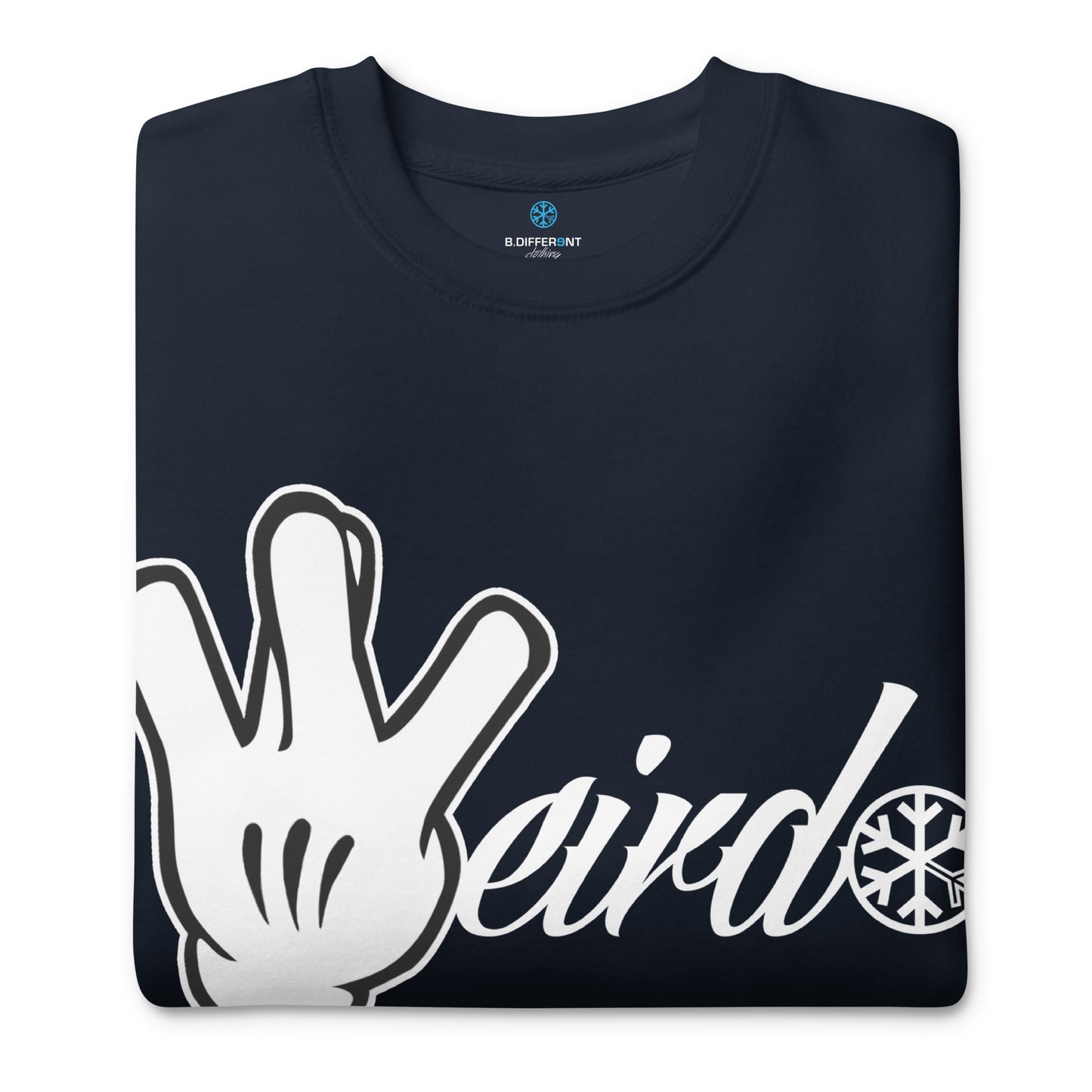 Navy-Weirdo Hand Sign Sweatshirt from B.Different Clothing, folded, graffiti-inspired streetwear