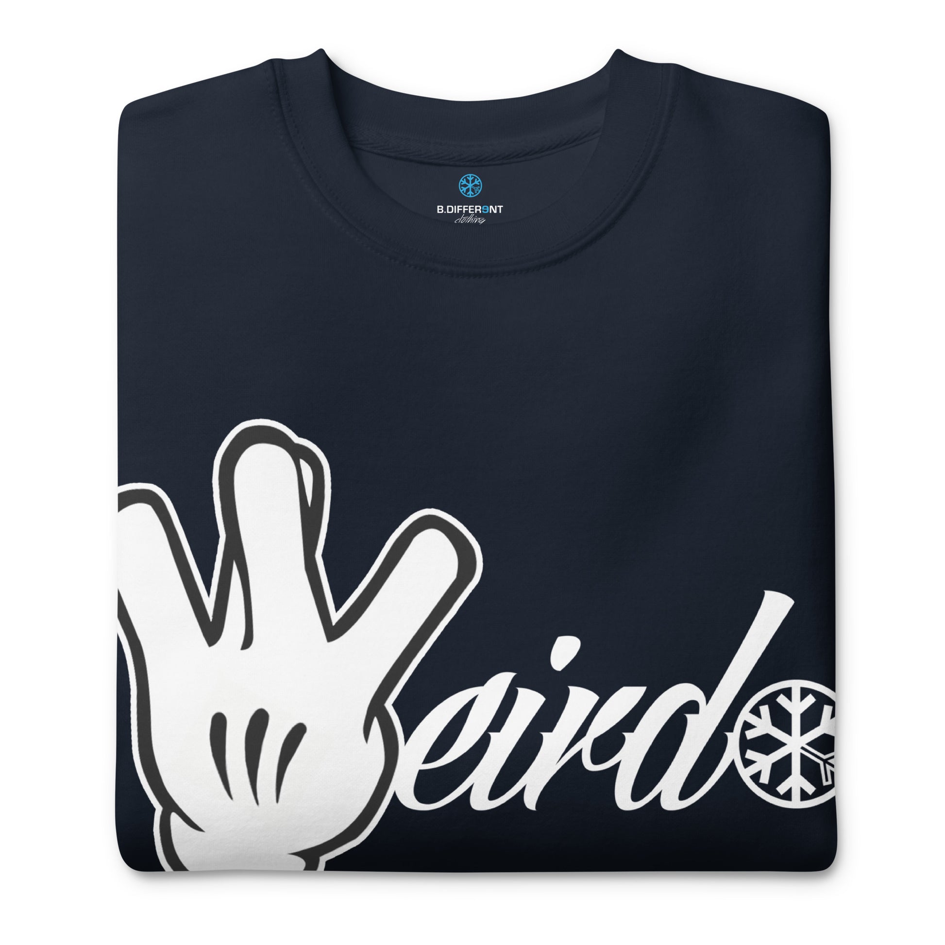 Navy-Weirdo Hand Sign Sweatshirt from B.Different Clothing, folded, graffiti-inspired streetwear