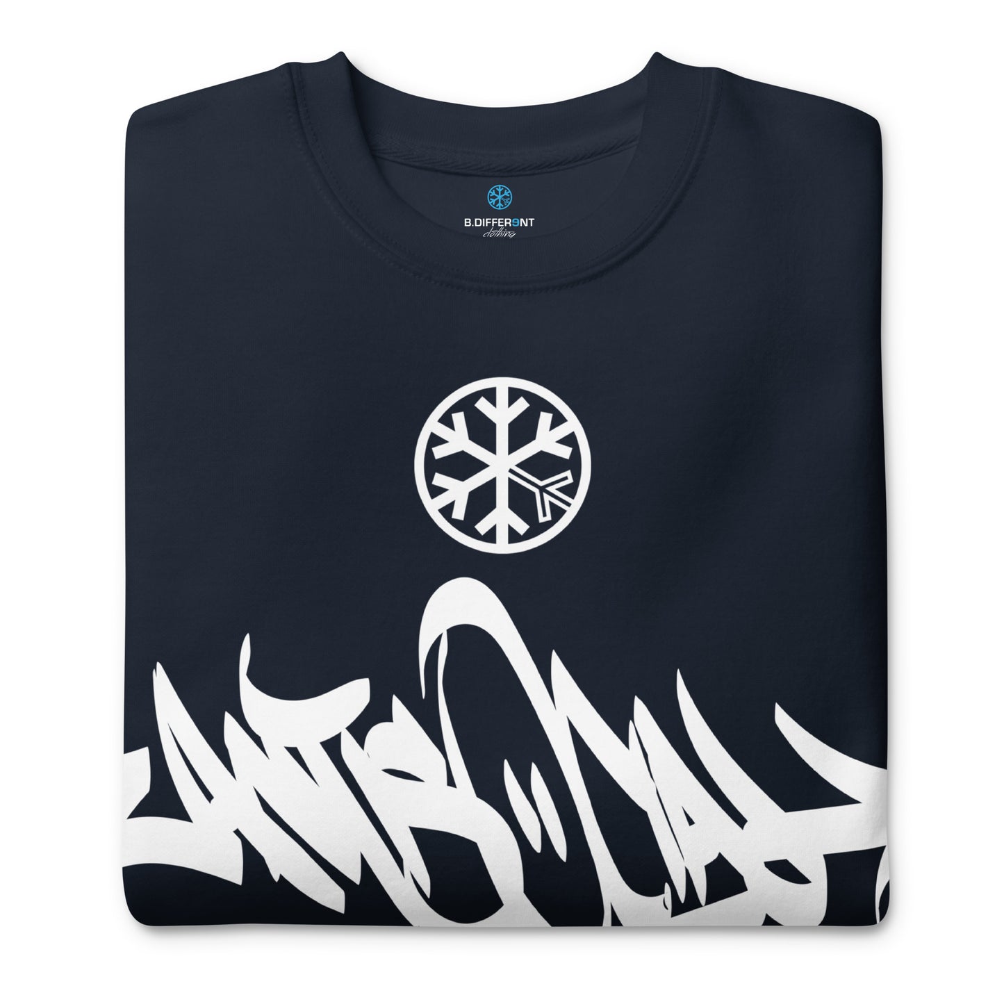 Navy-Antisocial Graffiti Tag Sweatshirt from B.Different Clothing, folded, graffiti-inspired streetwear