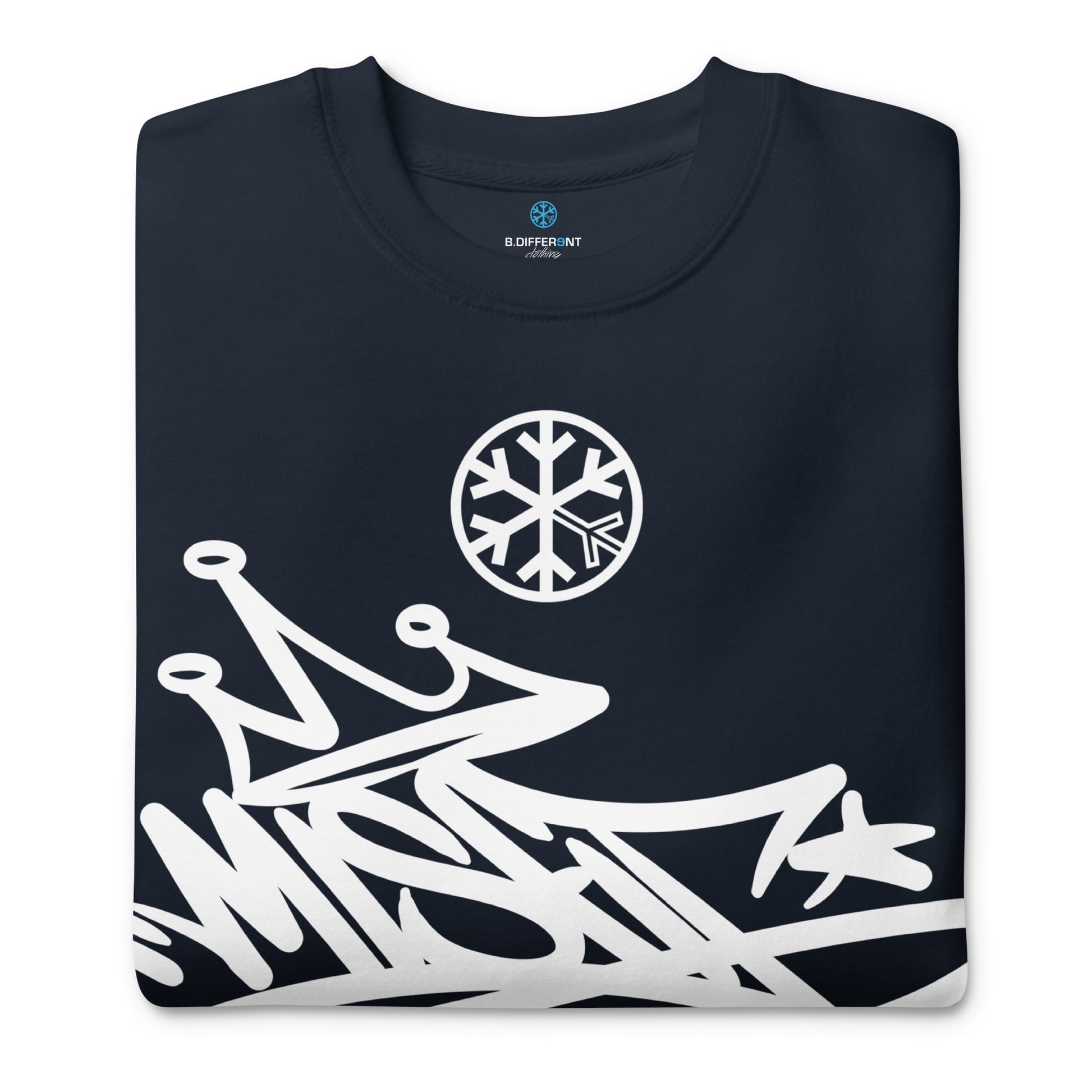 Navy-Misfit Graffiti Tag Sweatshirt from B.Different Clothing, folded, graffiti-inspired streetwear