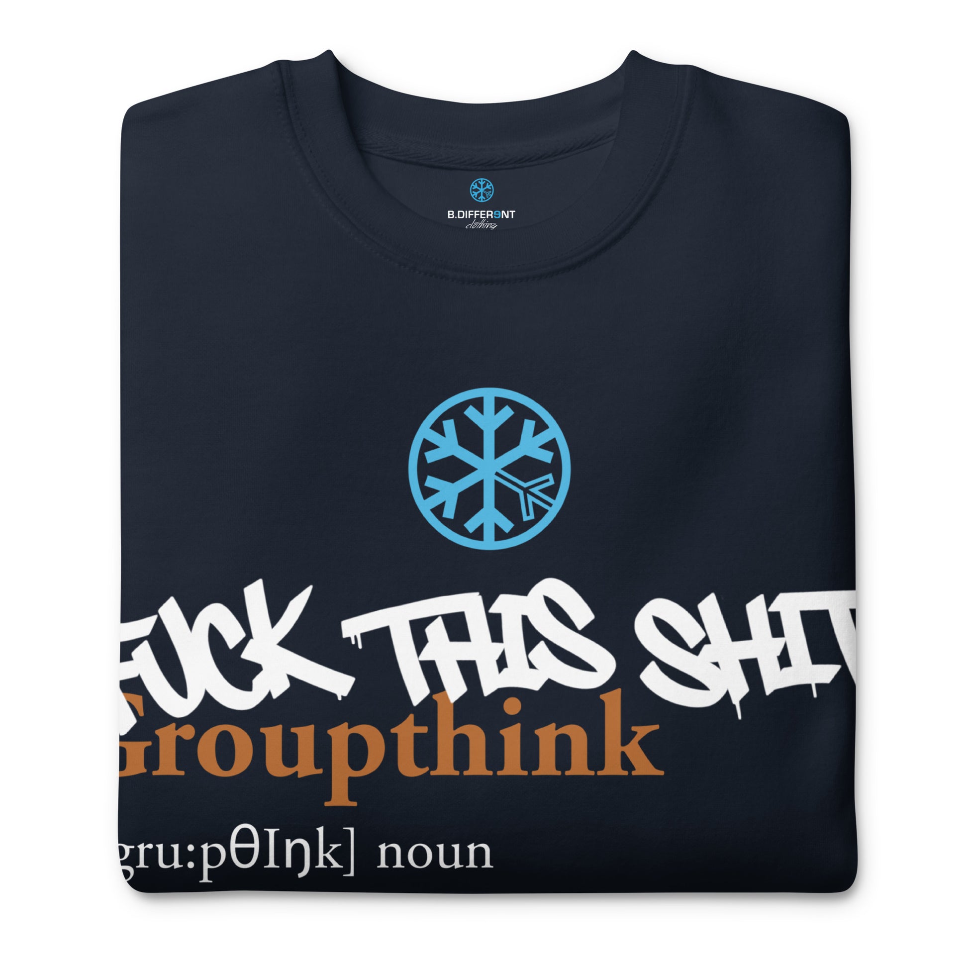 Navy-Groupthink Graffiti Sweatshirt from B.Different Clothing, folded, graffiti-inspired streetwear