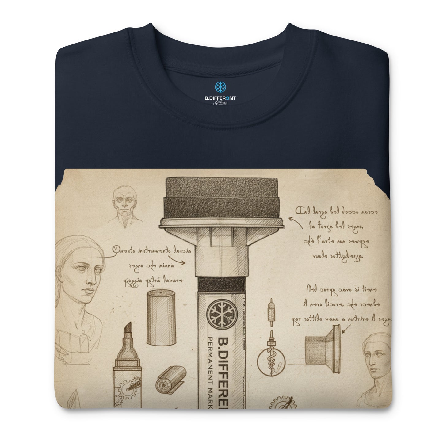 Navy-Marker Sketch Graffiti Sweatshirt from B.Different Clothing, folded, graffiti-inspired streetwear