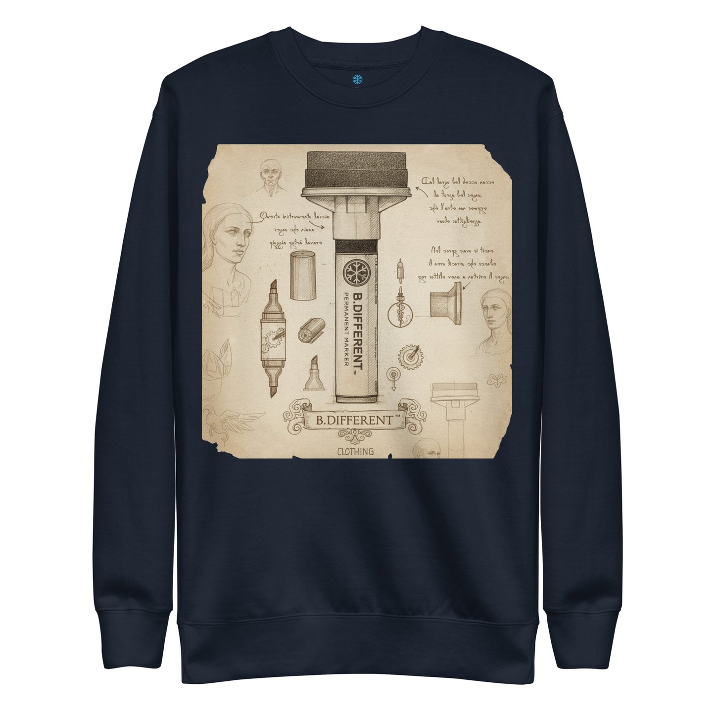Navy-Marker Sketch Graffiti Sweatshirt from B.Different Clothing, front view, graffiti-inspired streetwear