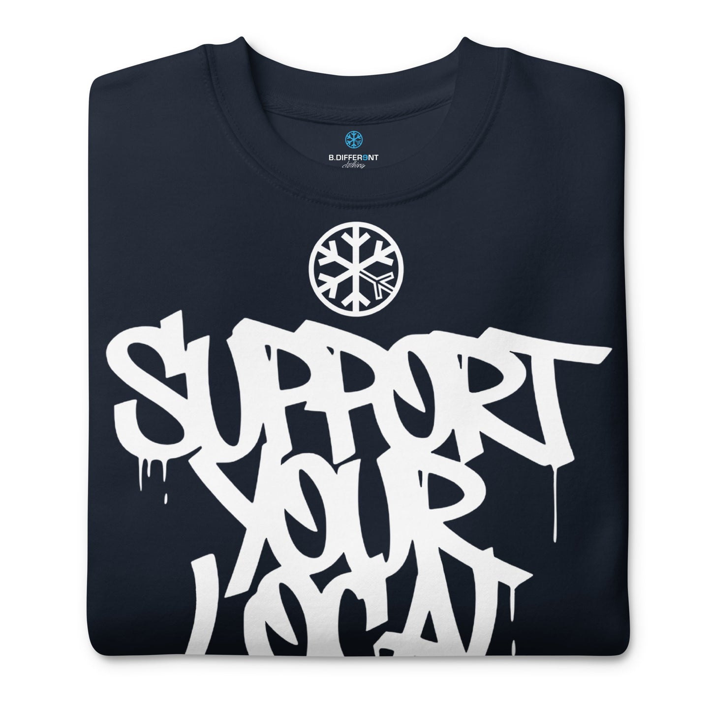 Navy-Support Your Local Graffiti Artists Sweatshirt from B.Different Clothing, folded, graffiti-inspired streetwear