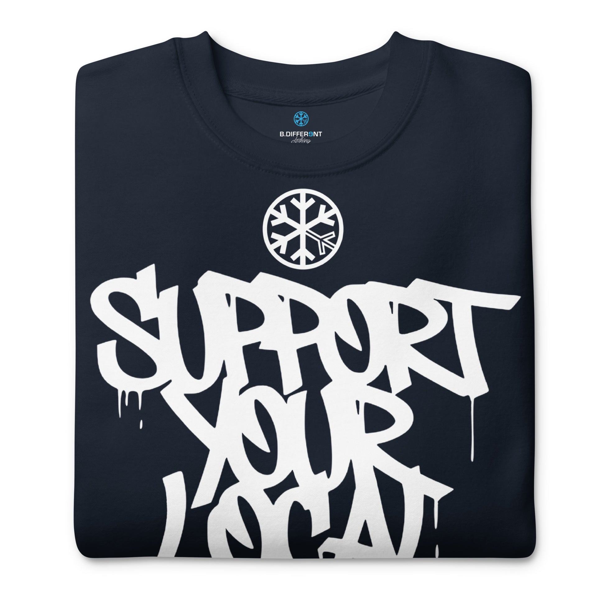 Navy-Support Your Local Graffiti Artists Sweatshirt from B.Different Clothing, folded, graffiti-inspired streetwear
