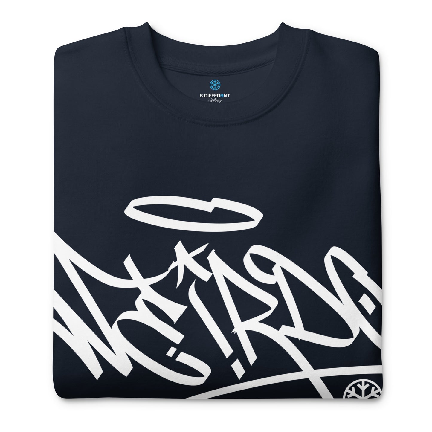 Navy-Weirdo Tag Graffiti Sweatshirt from B.Different Clothing, folded, graffiti-inspired streetwear