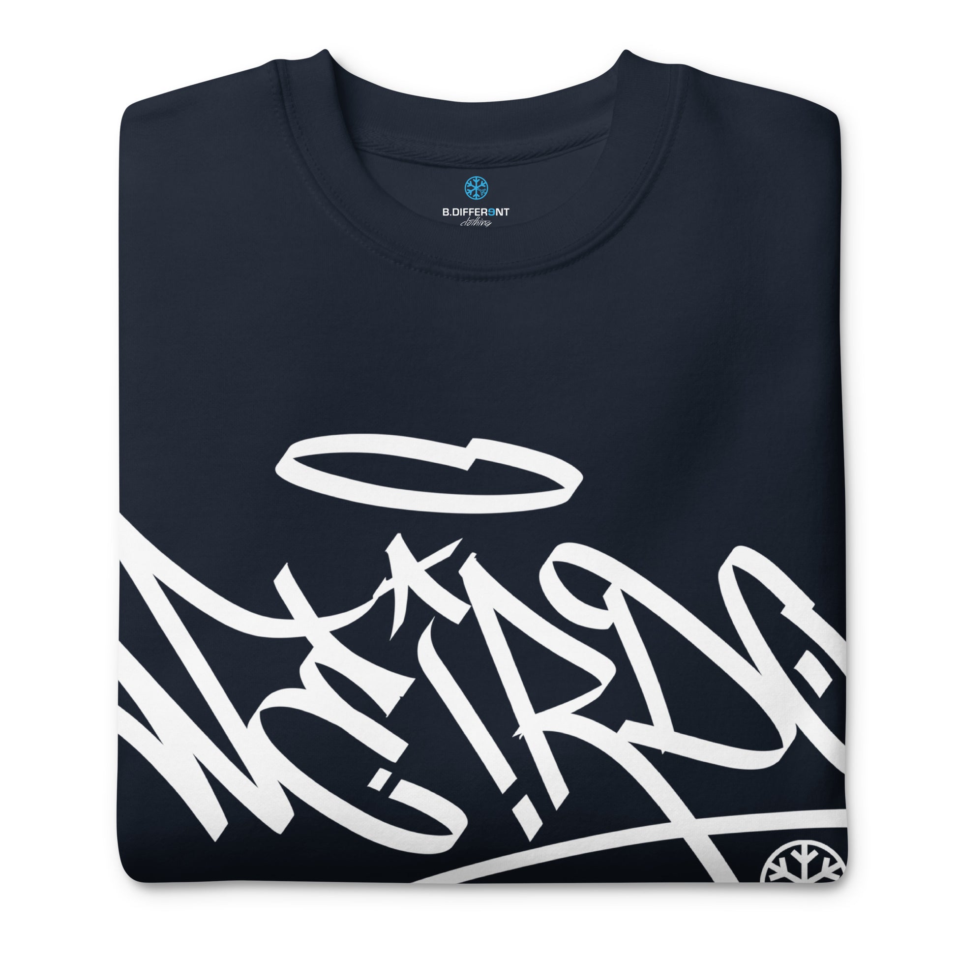 Navy-Weirdo Tag Graffiti Sweatshirt from B.Different Clothing, folded, graffiti-inspired streetwear
