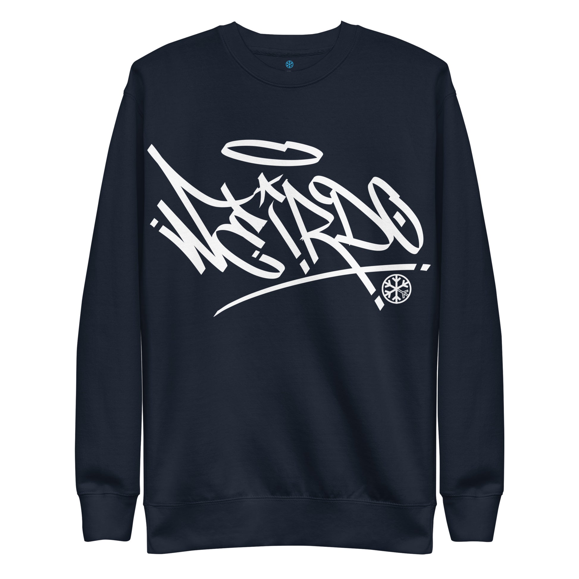 Navy-Weirdo Tag Graffiti Sweatshirt from B.Different Clothing, front view, graffiti-inspired streetwear