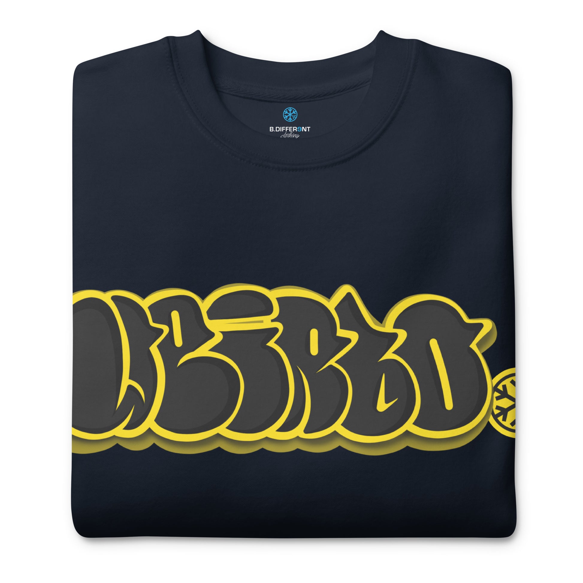 Navy-Weirdo Graffiti Throwie Sweatshirt from B.Different Clothing, folded, graffiti-inspired streetwear