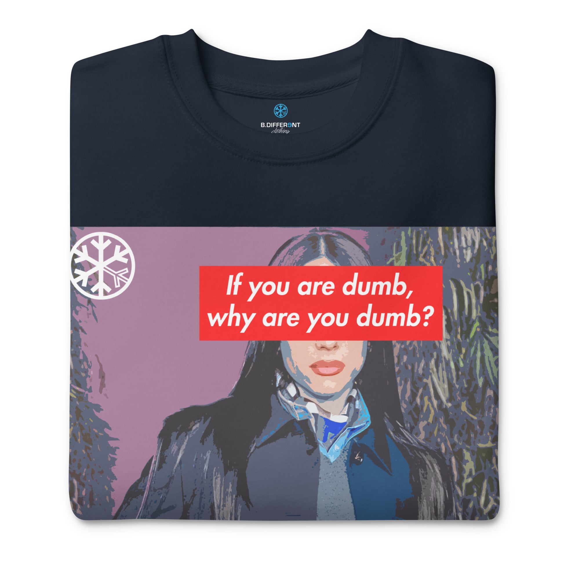 Navy-Why Are You Dumb Sweatshirt from B.Different Clothing, folded, graffiti-inspired streetwear