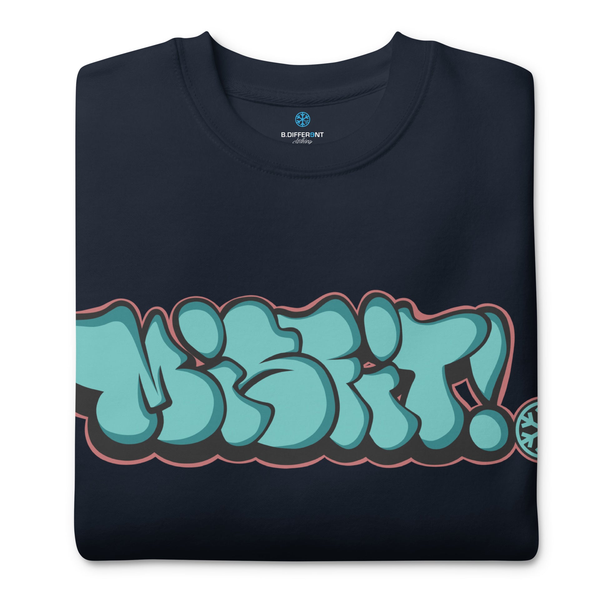 Navy-Misfit Graffiti Throwie Sweatshirt from B.Different Clothing, folded, graffiti-inspired streetwear t-shirt