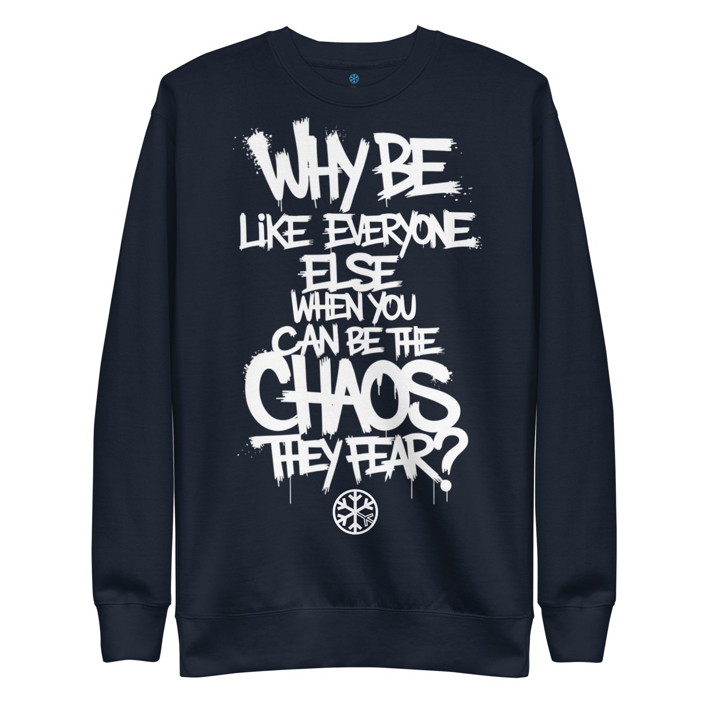 Navy-Chaos They Fear Graffiti Tag Sweatshirt from B.Different Clothing, front view, graffiti-inspired streetwear